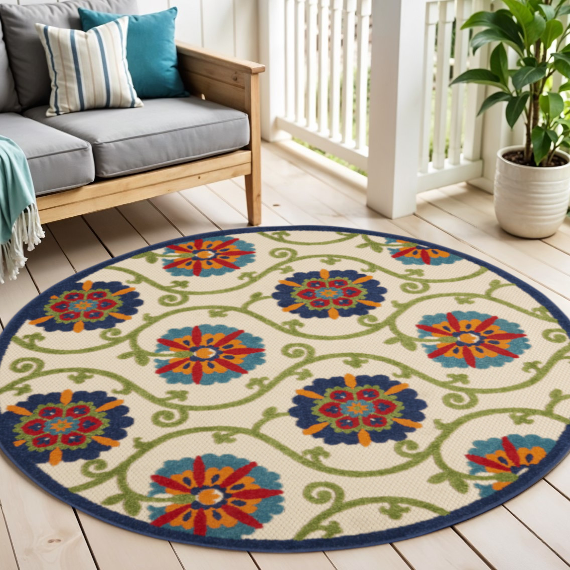 5' Ivory And Blue Round Indoor Outdoor Area Rug-384974-1