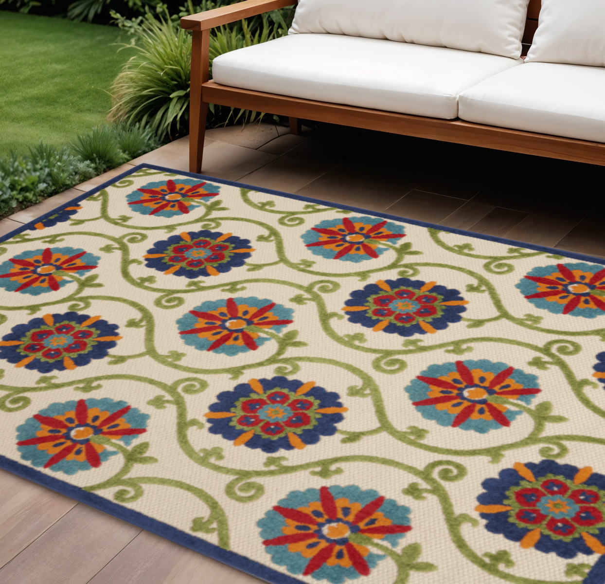 8' X 11' Ivory And Blue Indoor Outdoor Area Rug-384977-1