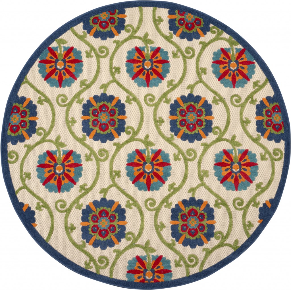 8' Round Ivory And Blue Round Floral Indoor Outdoor Area Rug-384978-1