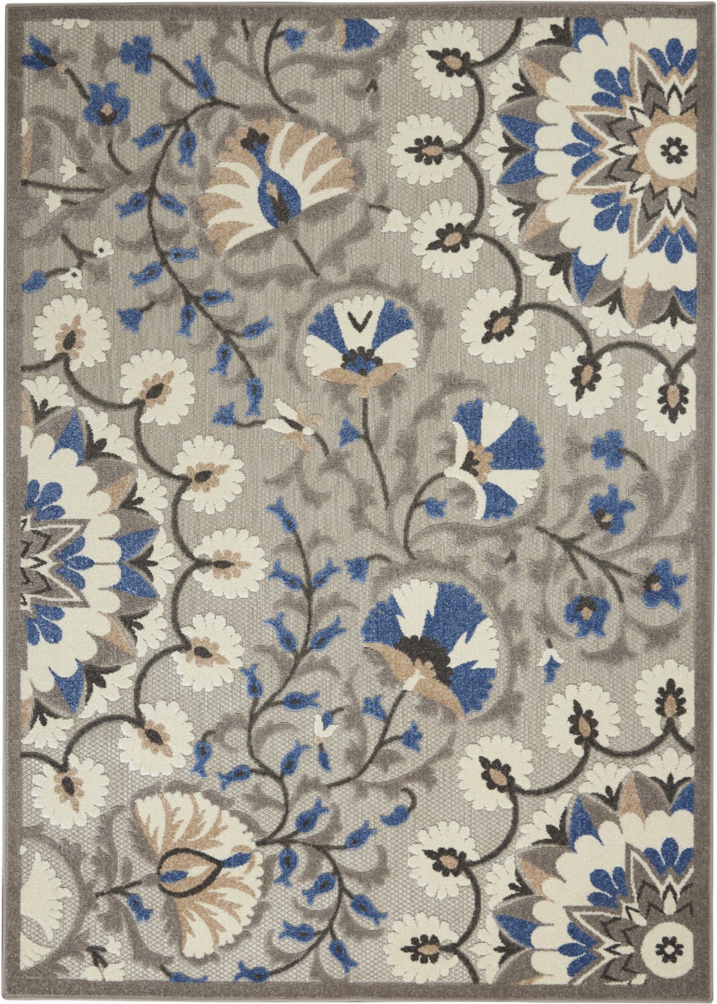 4' X 6' Blue And Gray Floral Indoor Outdoor Area Rug-384987-1