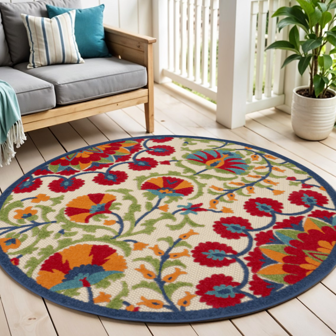 4' Red And Ivory Round Floral Indoor Outdoor Area Rug-384998-1