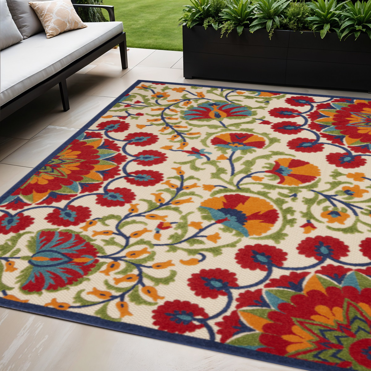 5' X 8' Red And Ivory Floral Indoor Outdoor Area Rug-384999-1
