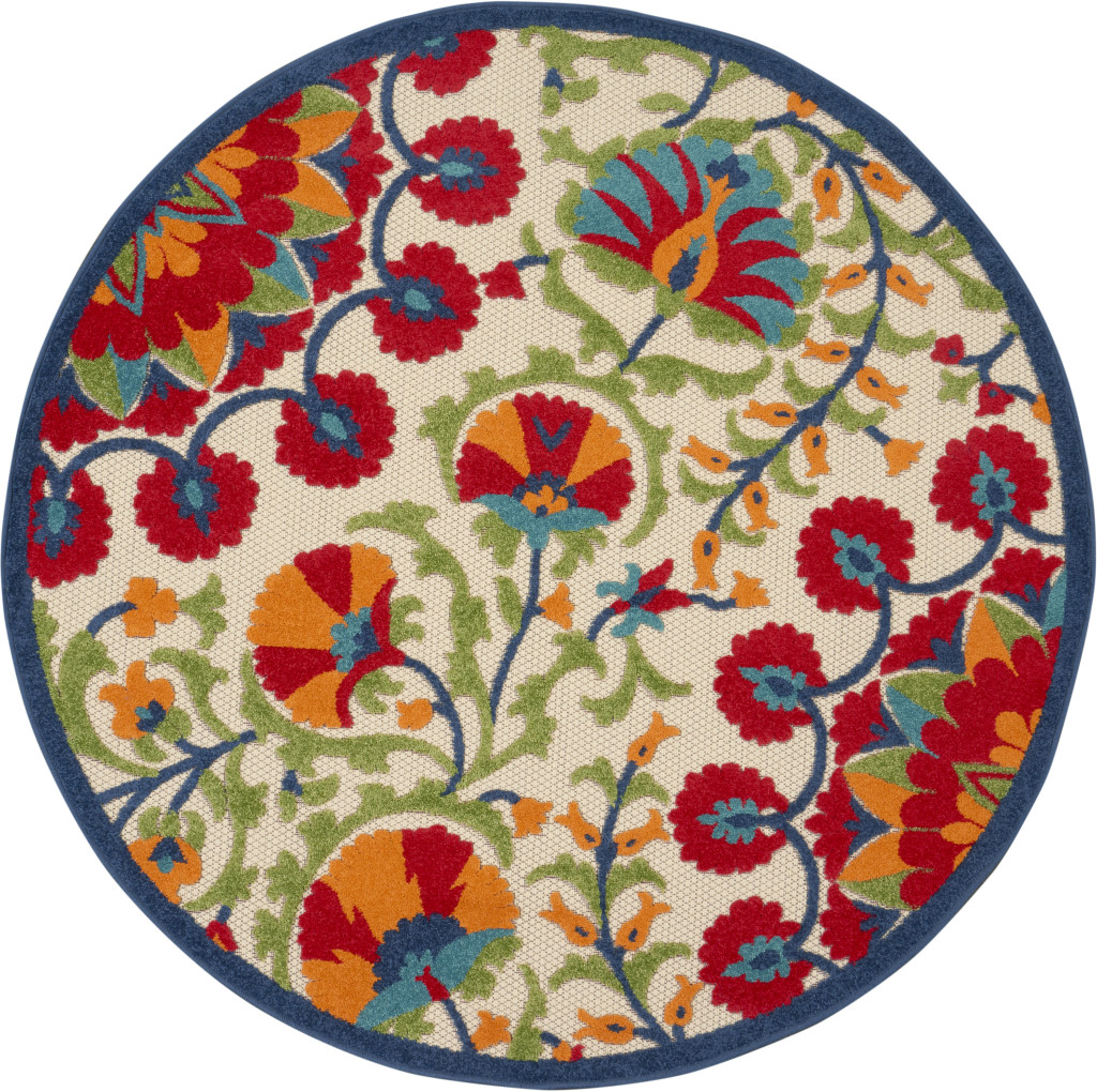 5' Red And Ivory Round Floral Indoor Outdoor Area Rug-385000-1