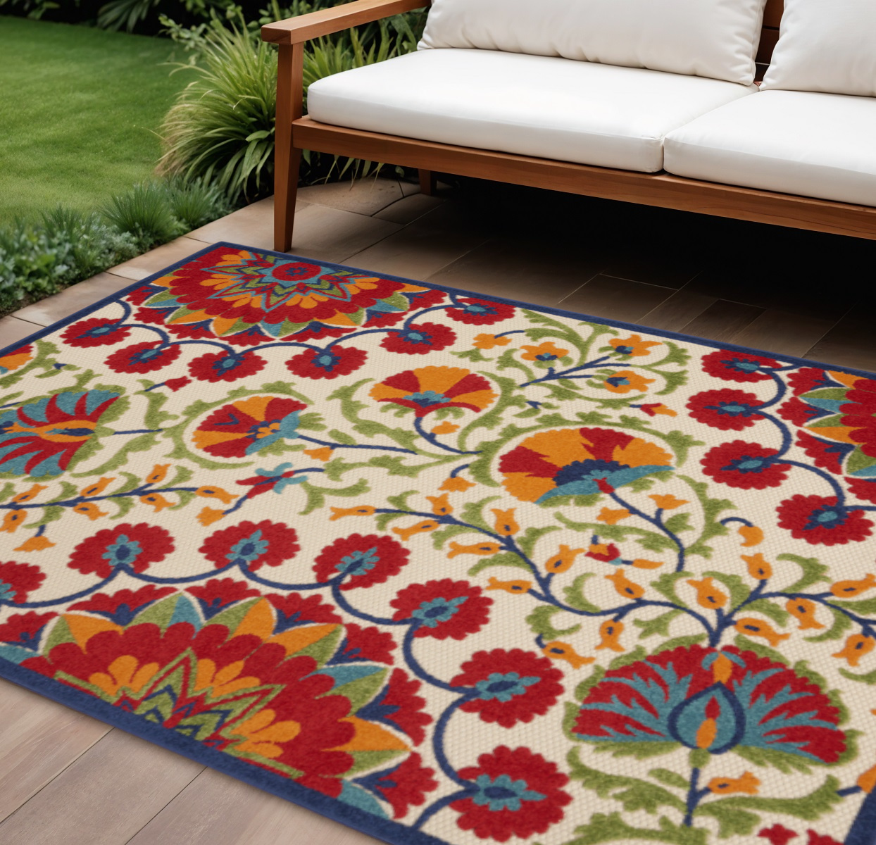 8' X 11' Red And Ivory Floral Indoor Outdoor Area Rug-385001-1