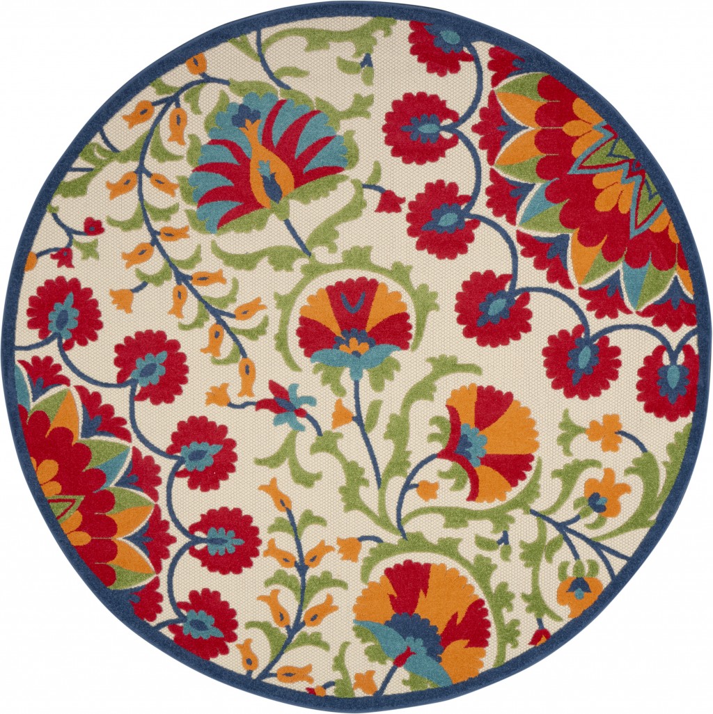 8' Round Red And Ivory Round Floral Indoor Outdoor Area Rug-385002-1