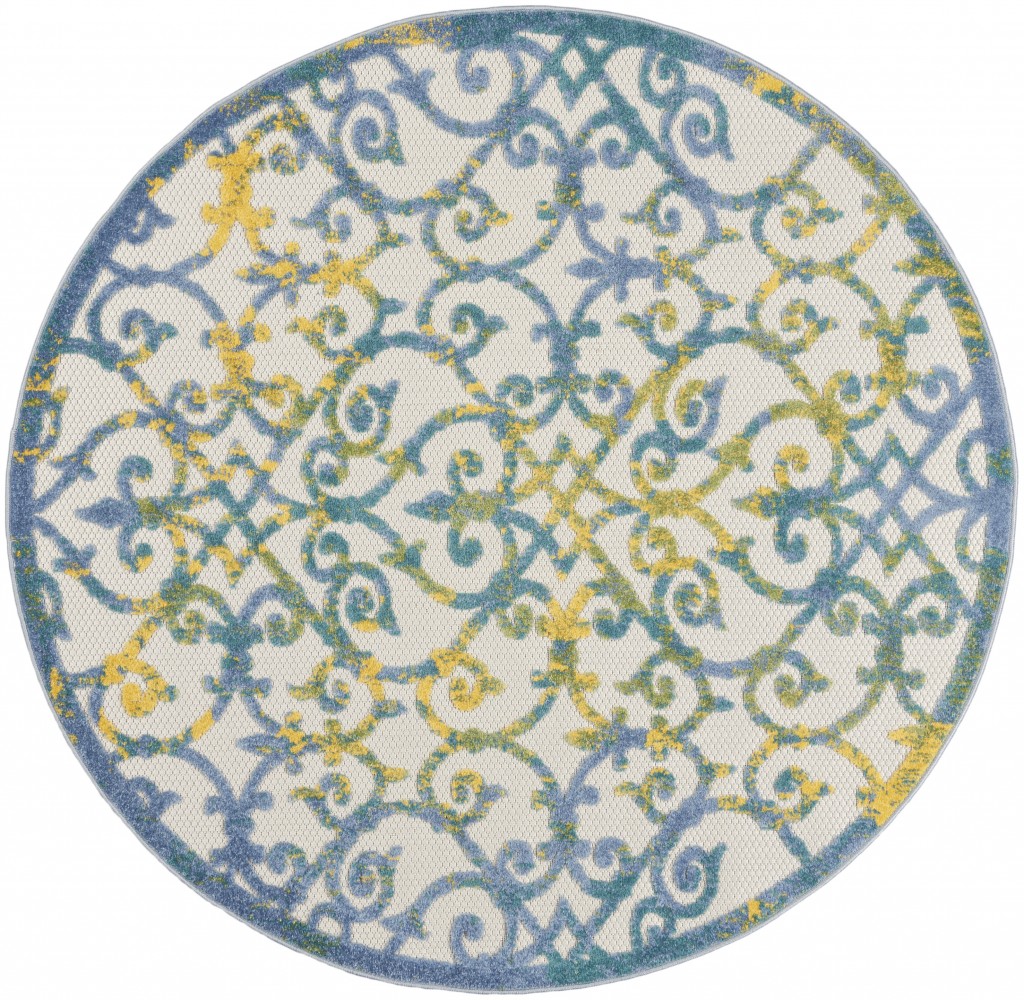 4' Round Ivory And Blue Round Floral Indoor Outdoor Area Rug-385018-1