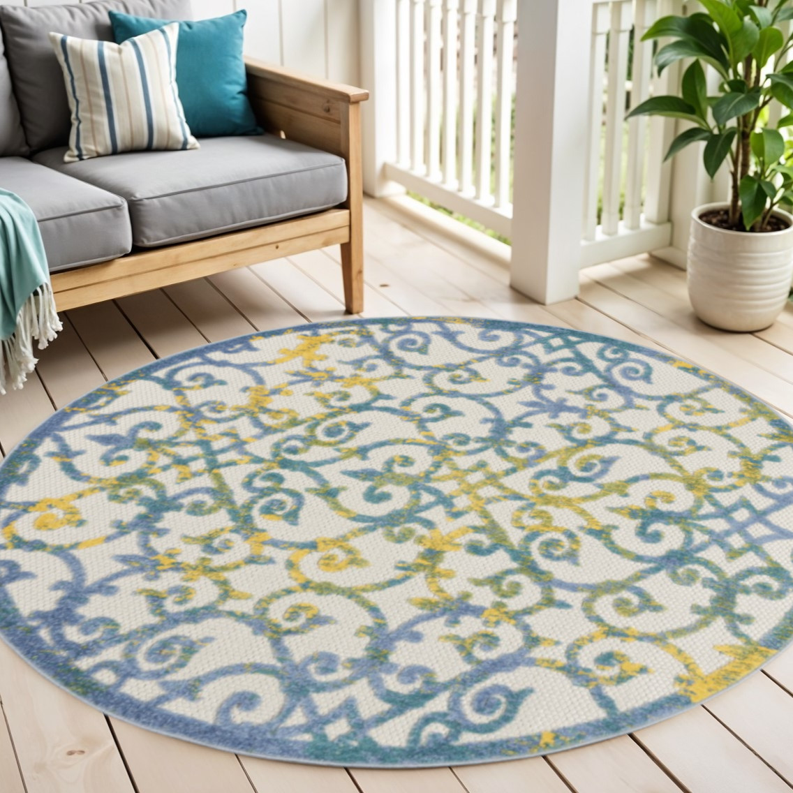 5' Ivory And Blue Round Indoor Outdoor Area Rug-385020-1