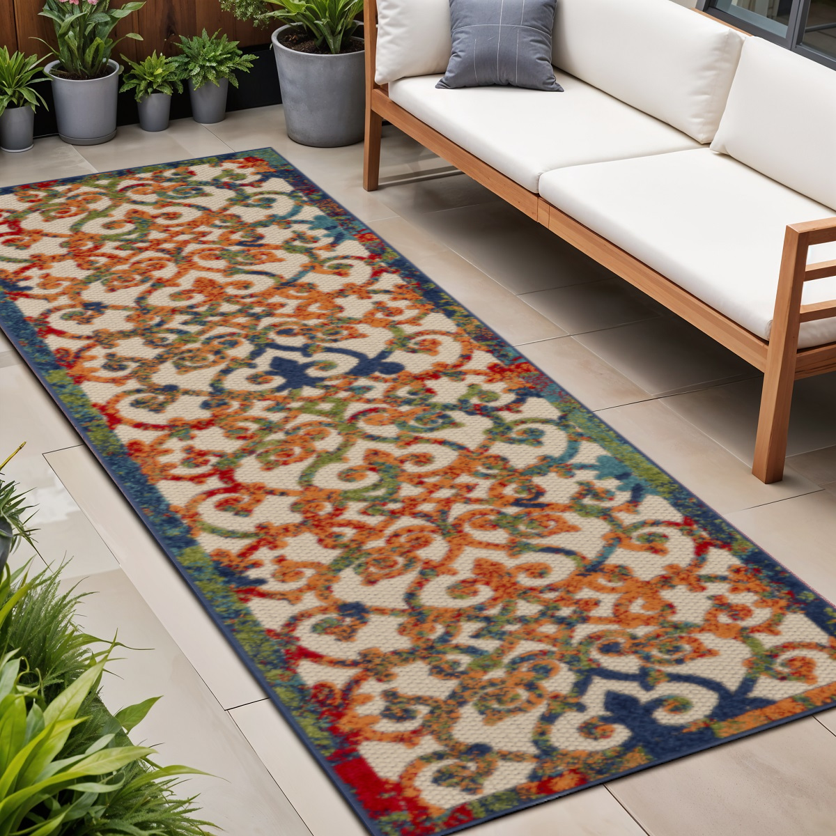 8' Ivory And Blue Indoor Outdoor Area Rug-385025-1