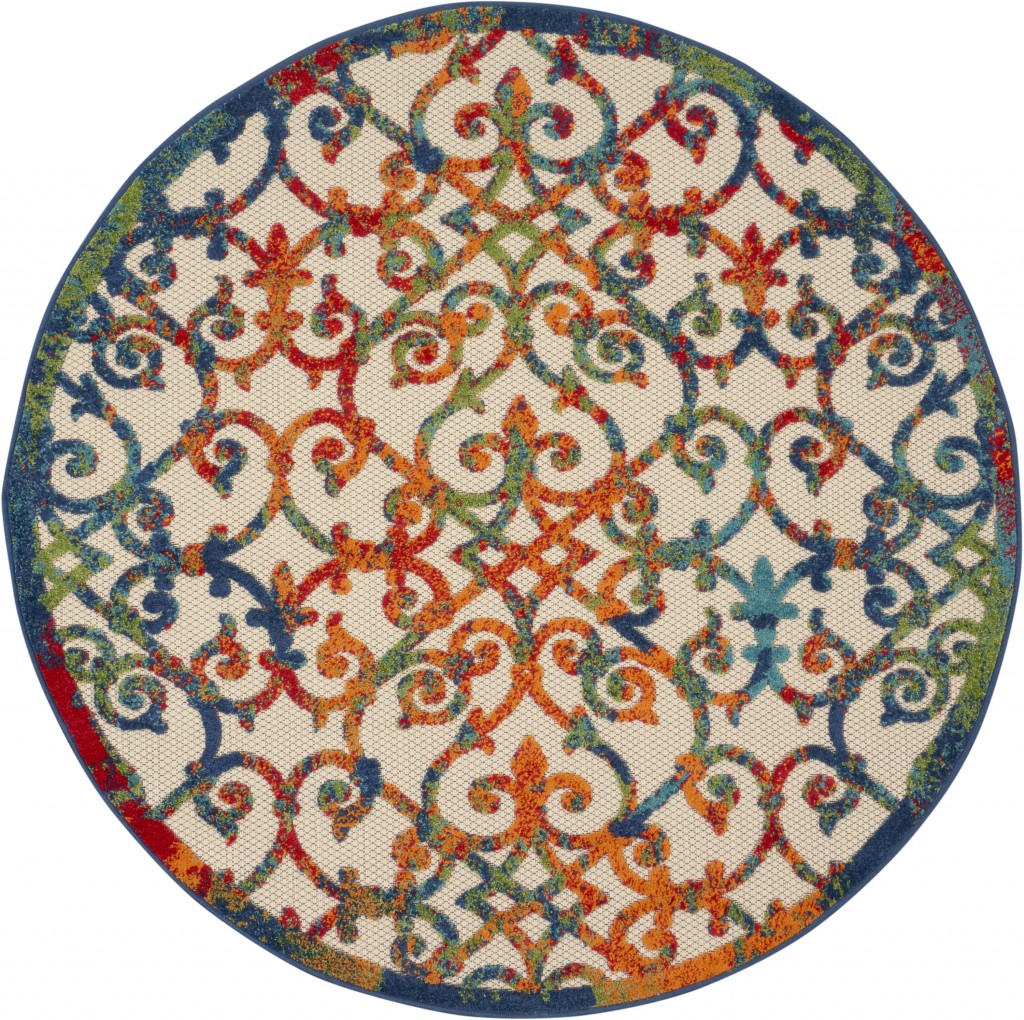 4' Round Ivory And Blue Round Floral Indoor Outdoor Area Rug-385030-1