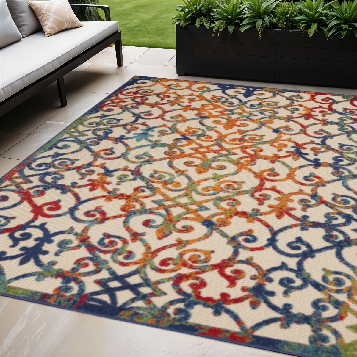5' X 8' Ivory And Blue Indoor Outdoor Area Rug-385031-1