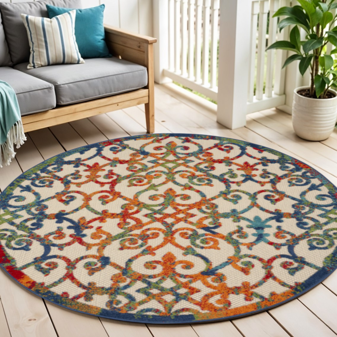 5' Ivory And Blue Round Indoor Outdoor Area Rug-385032-1