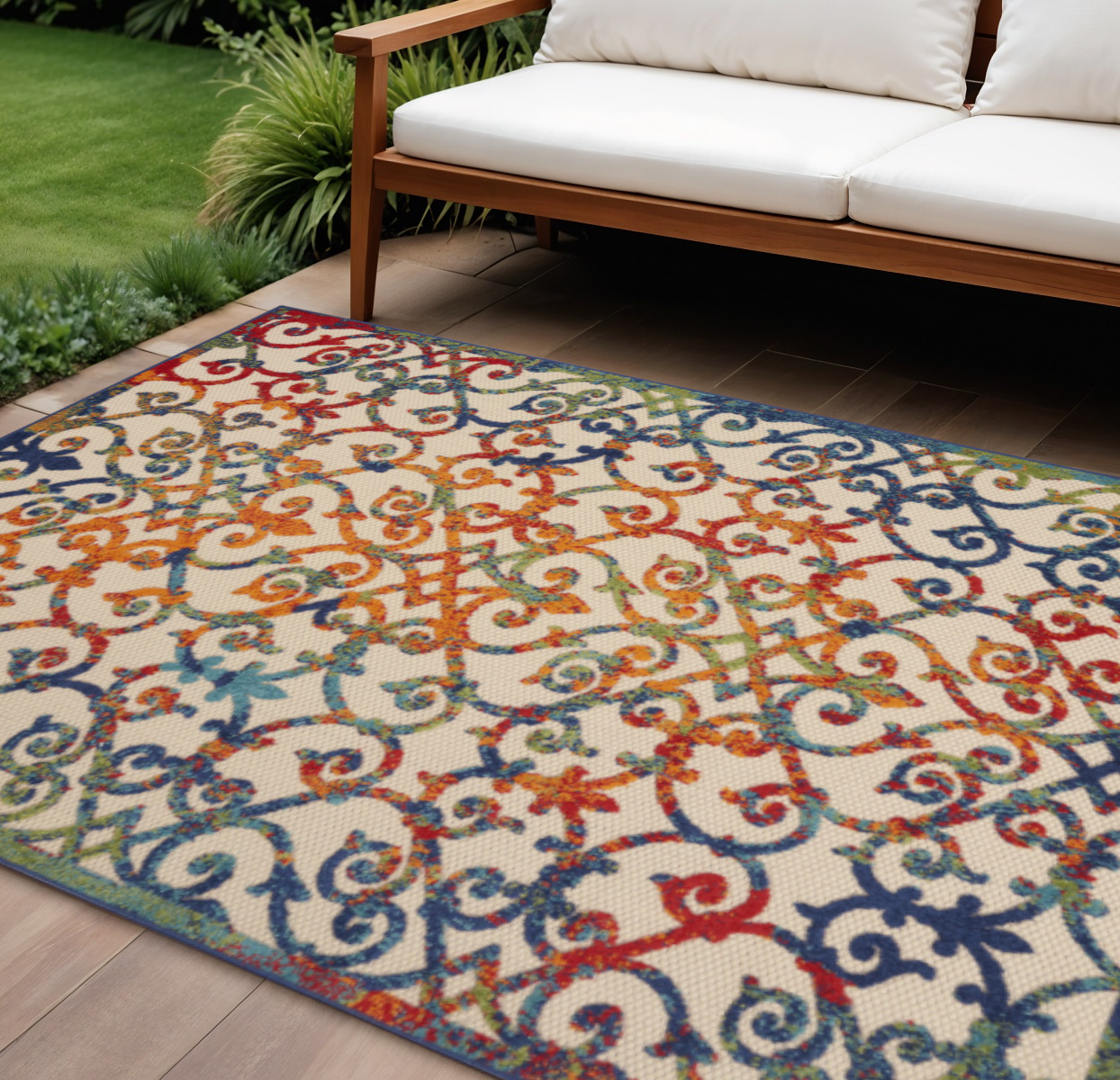 6' X 9' Ivory And Blue Indoor Outdoor Area Rug-385033-1
