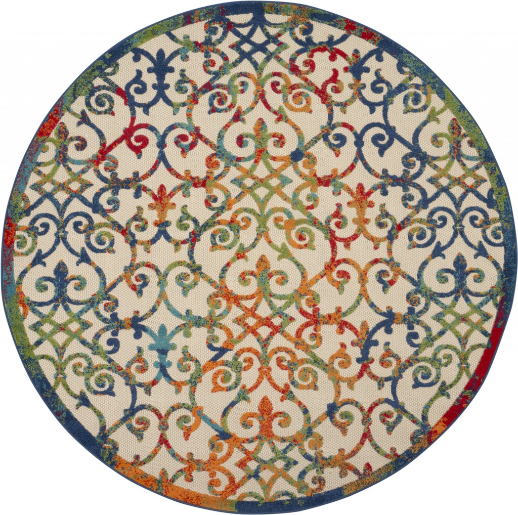 8' Round Ivory And Blue Round Floral Indoor Outdoor Area Rug-385039-1