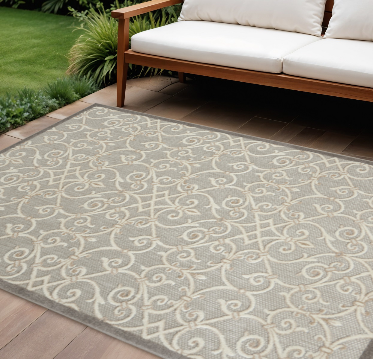 8' X 11' Gray And Ivory Indoor Outdoor Area Rug-385053-1