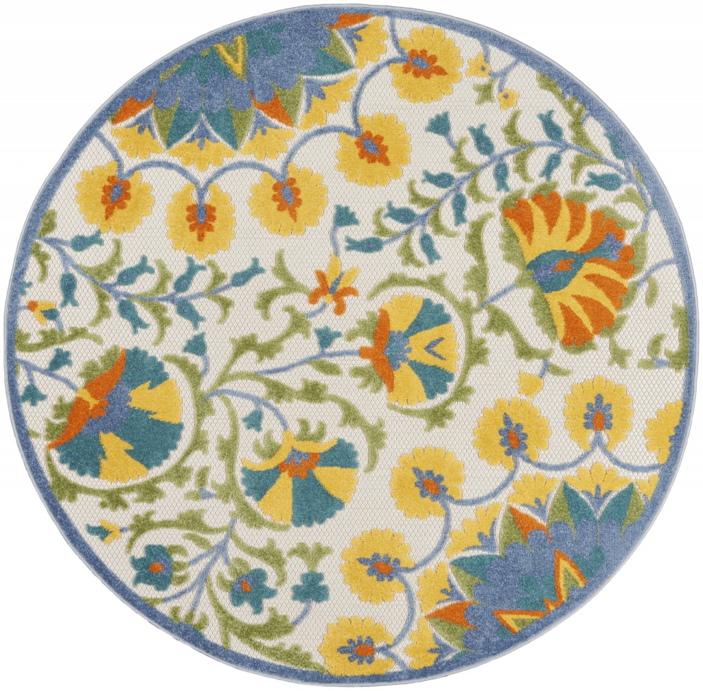 4' Round Ivory And Blue Round Floral Indoor Outdoor Area Rug-385057-1