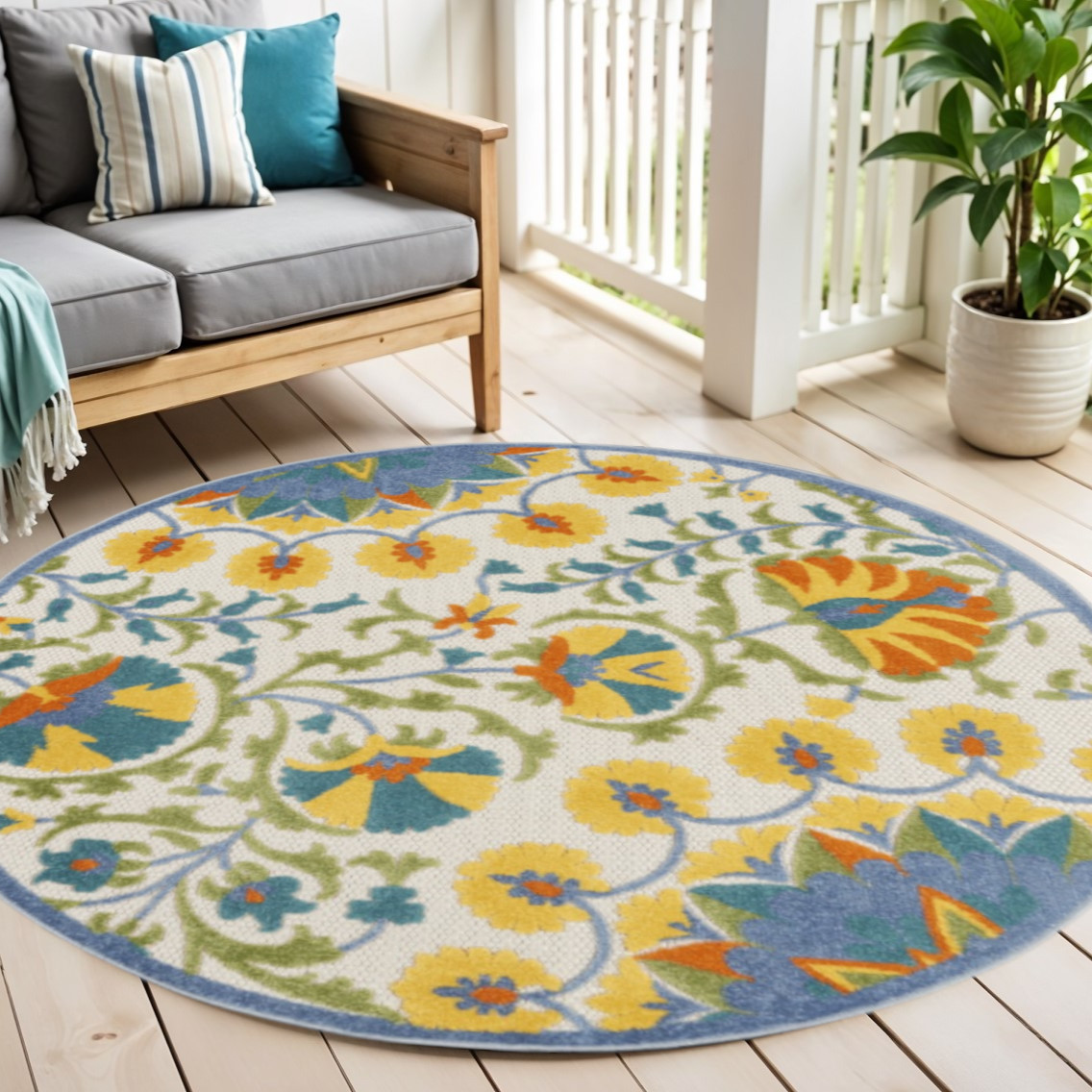 4' Ivory And Blue Round Floral Indoor Outdoor Area Rug-385057-1