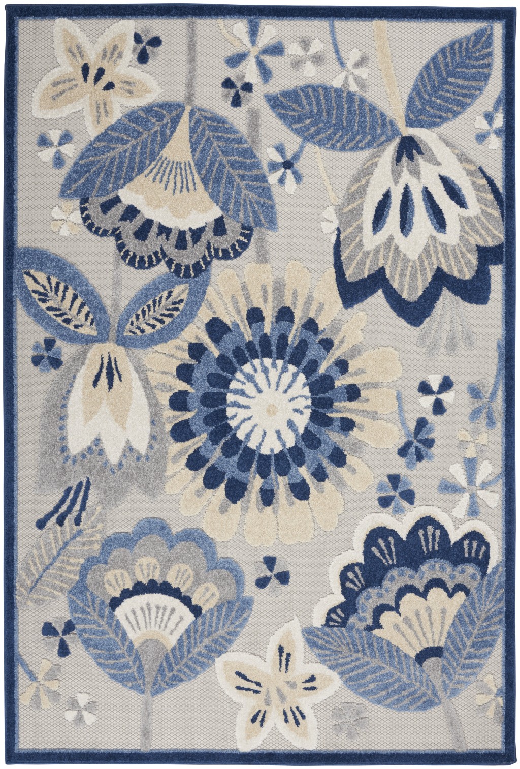 4' X 6' Blue And Gray Floral Indoor Outdoor Area Rug-385101-1