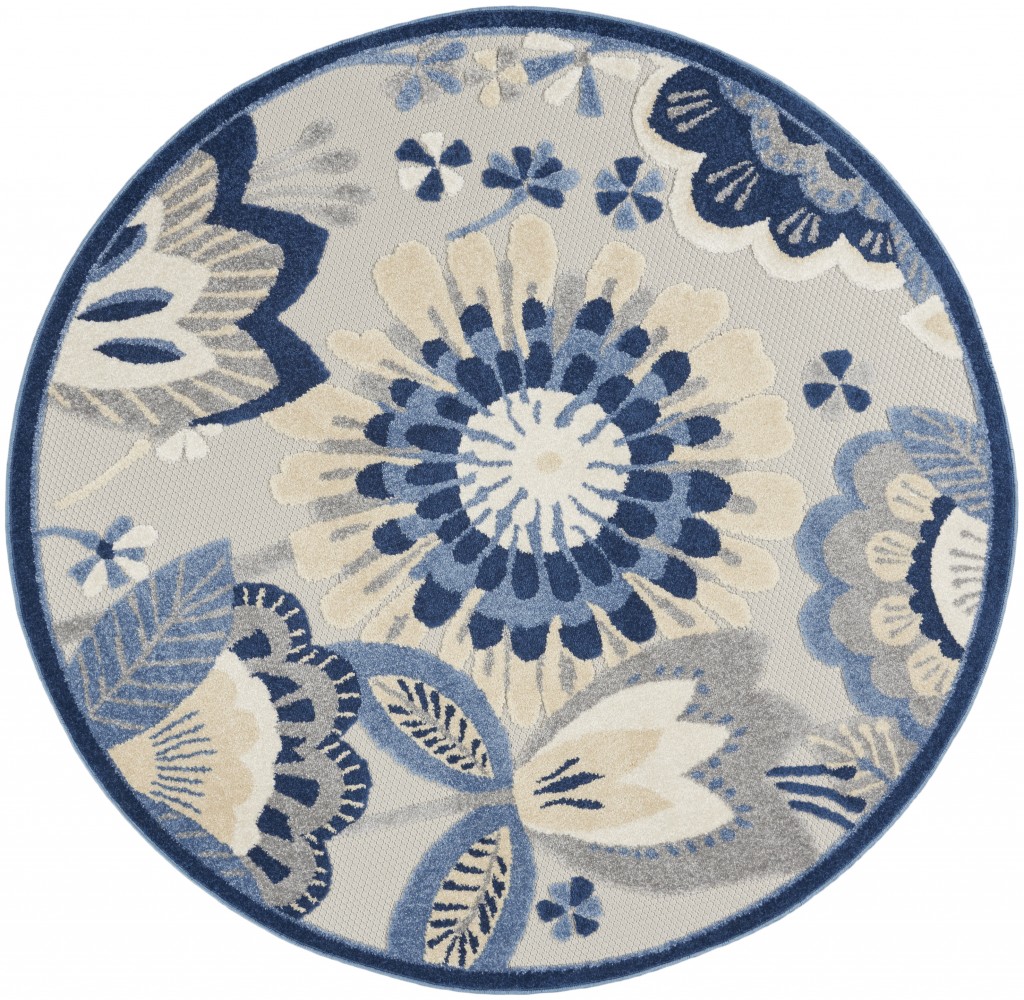 4' Round Blue And Gray Round Floral Indoor Outdoor Area Rug-385103-1