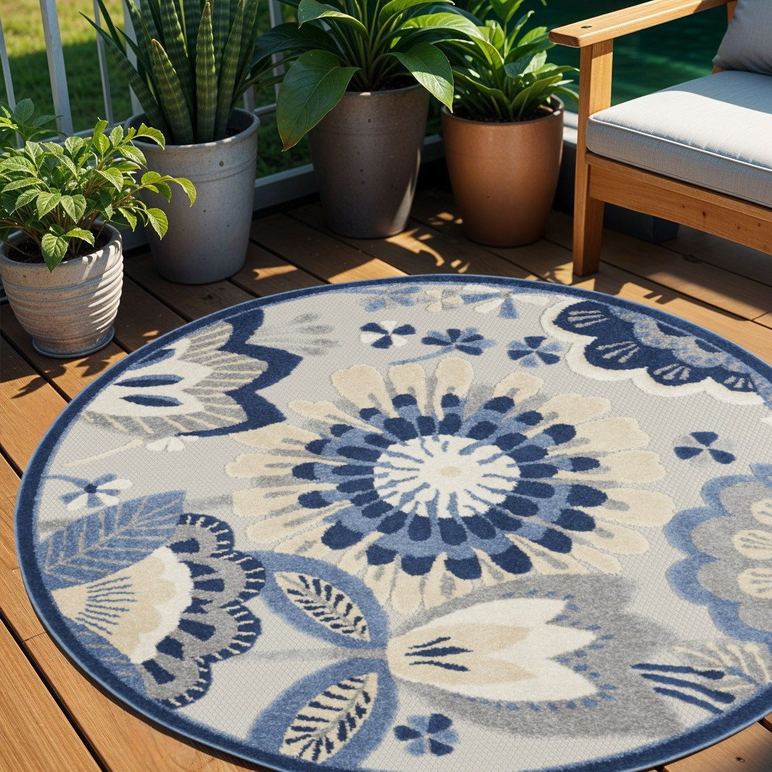 4' Blue Gray And Ivory Round Floral Indoor Outdoor Area Rug-385103-1