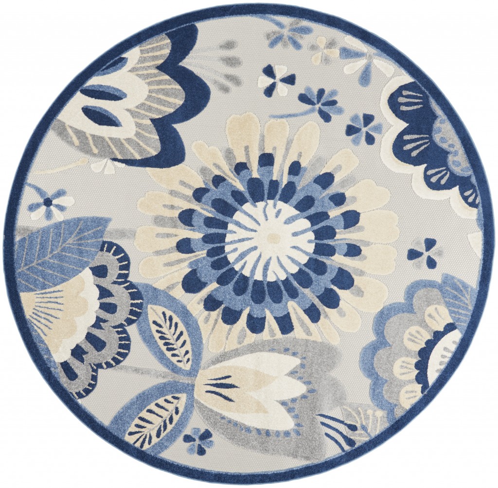 8' Round Blue And Gray Round Floral Indoor Outdoor Area Rug-385115-1