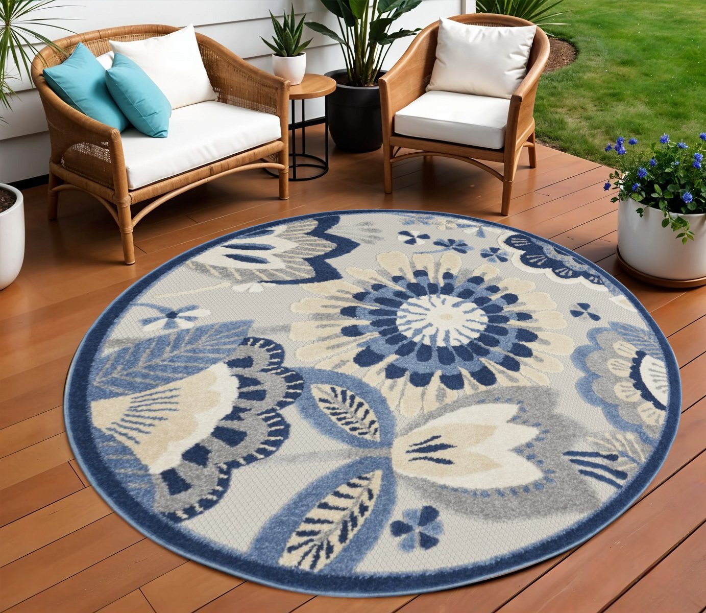 8' Blue And Gray Round Indoor Outdoor Area Rug-385115-1