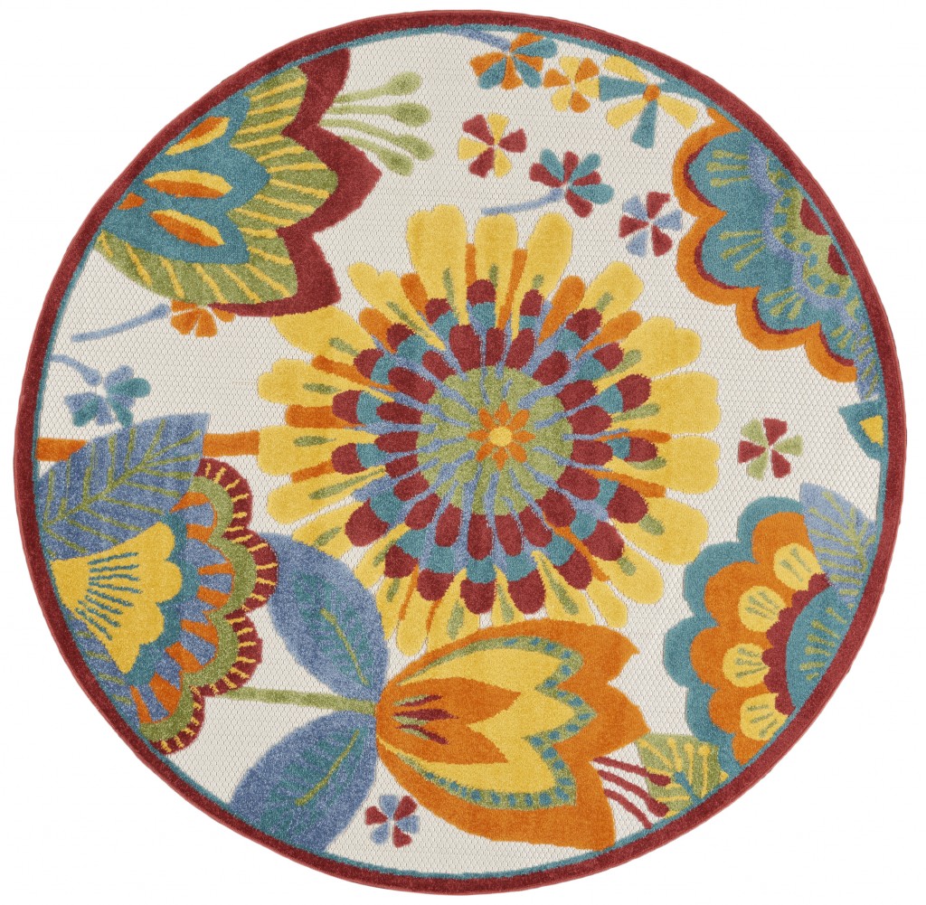 4' Round Yellow And Ivory Round Floral Indoor Outdoor Area Rug-385119-1