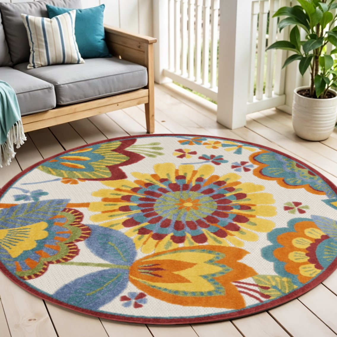 5' Yellow And Ivory Round Indoor Outdoor Area Rug-385123-1