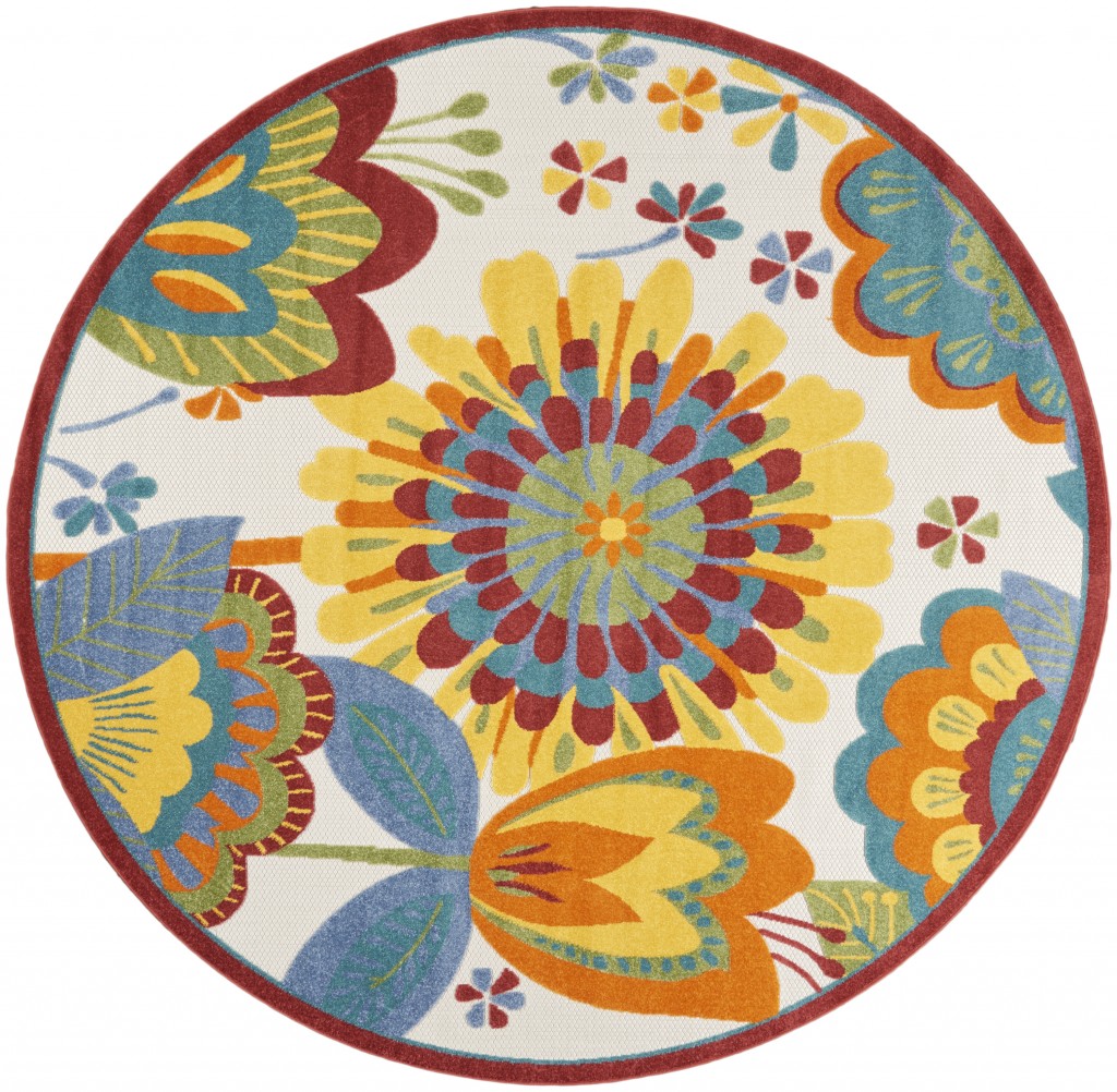 8' Round Yellow And Ivory Round Floral Indoor Outdoor Area Rug-385131-1