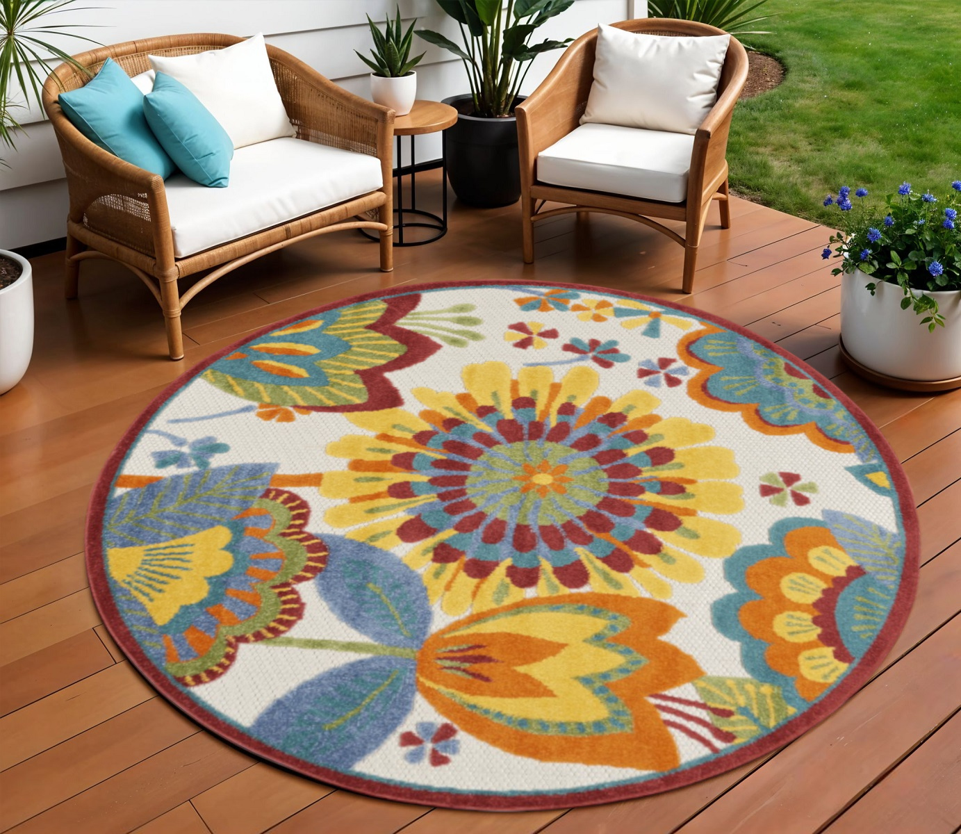 8' Yellow And Ivory Round Indoor Outdoor Area Rug-385131-1