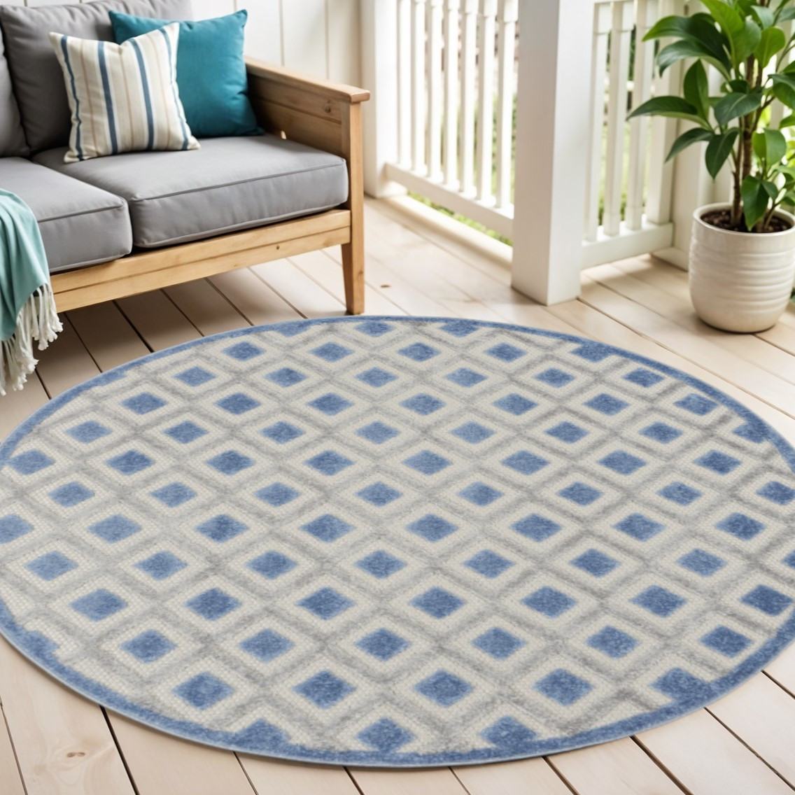 5' Blue And Gray Round Indoor Outdoor Area Rug-385154-1