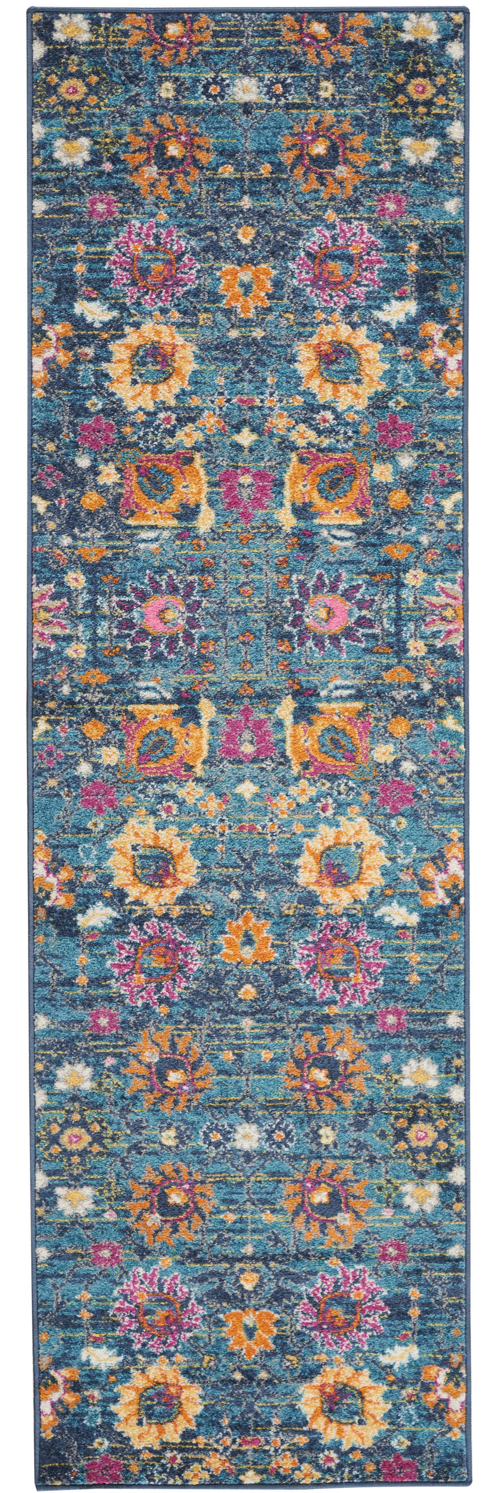 10' Blue And Orange Floral Distressed Runner Rug-385165-1