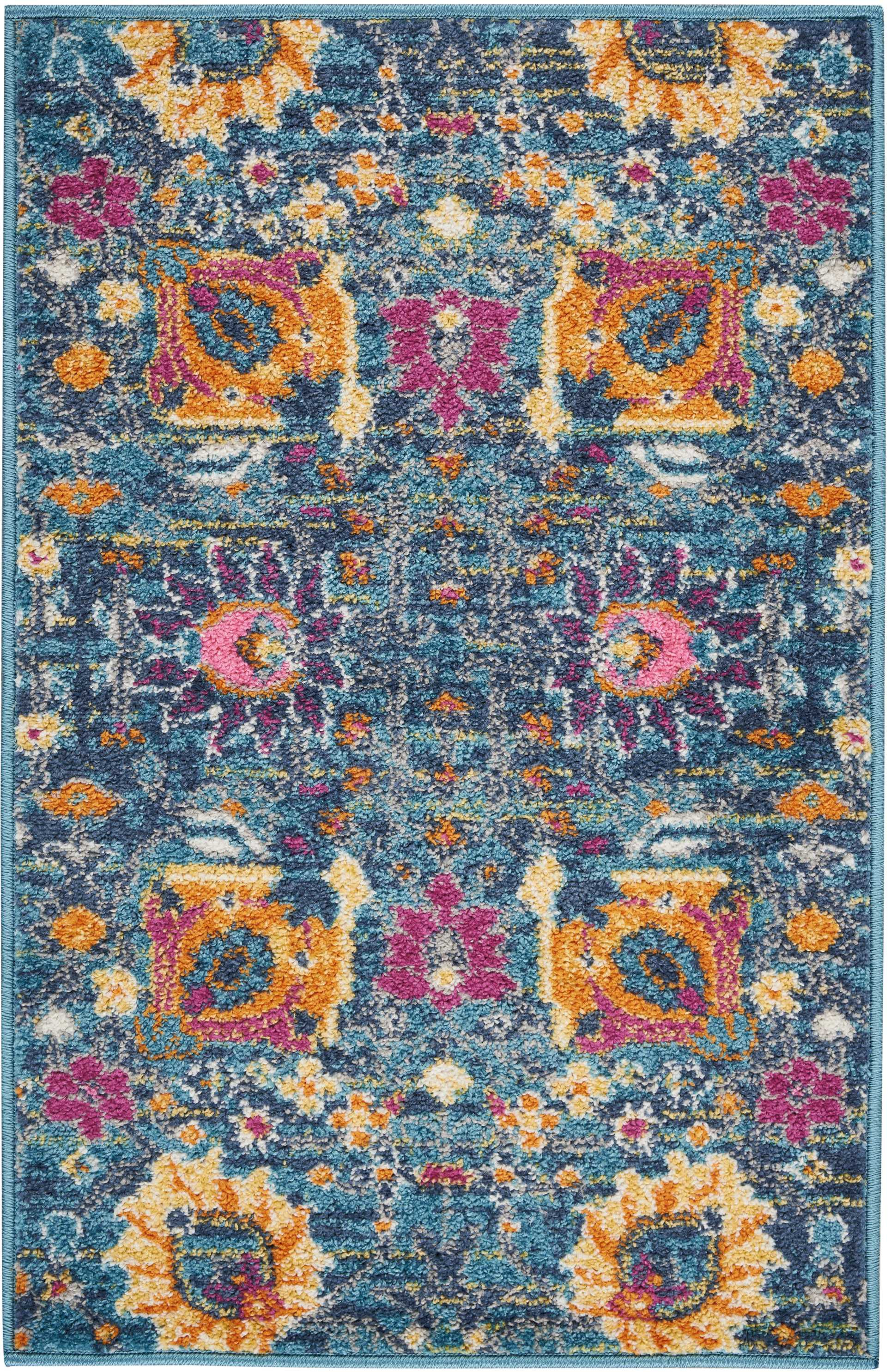 2' X 3' Blue And Orange Floral Distressed Area Rug-385167-1