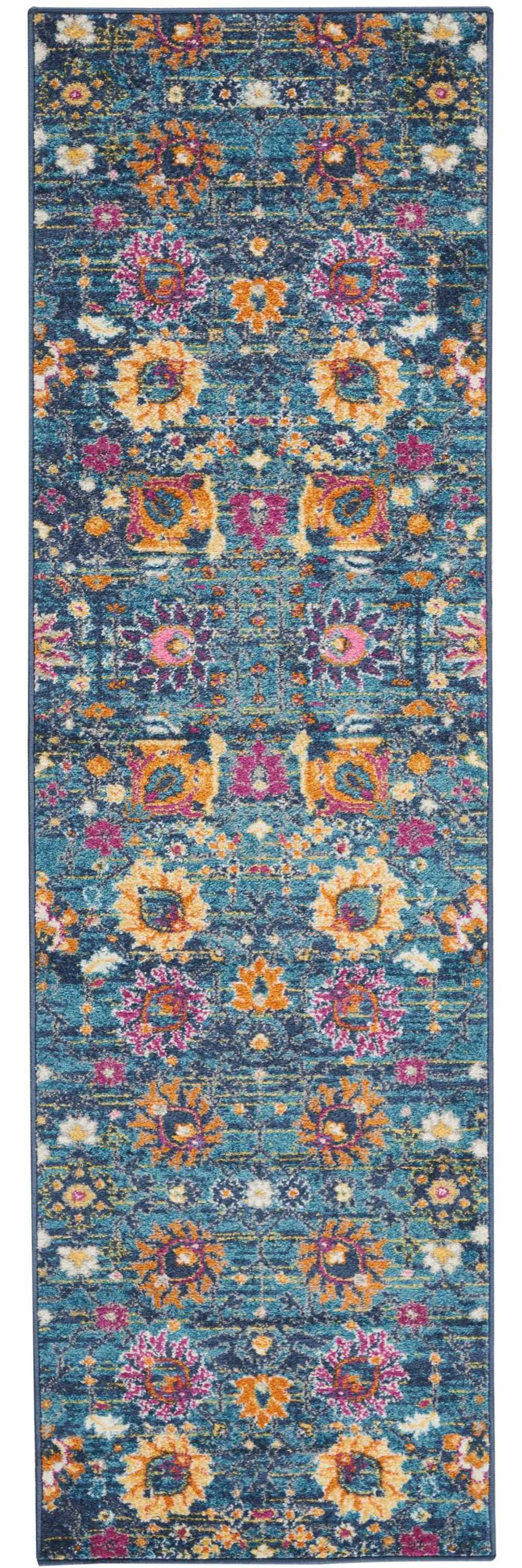 8' Blue And Orange Floral Distressed Runner Rug-385169-1