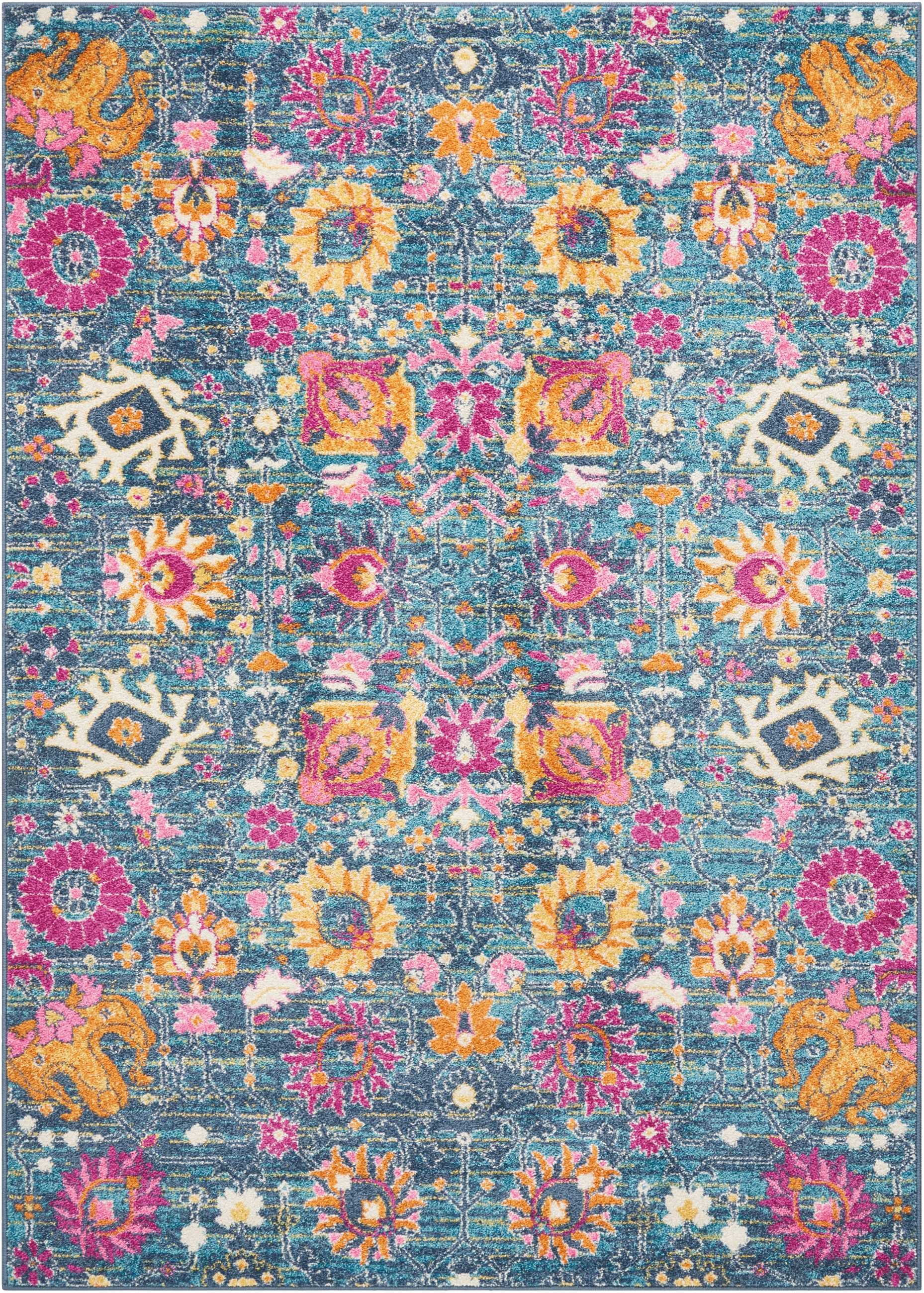 4' X 6' Blue And Orange Floral Power Loom Area Rug-385171-1