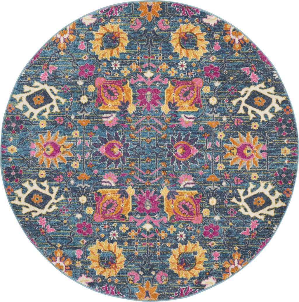 4' Blue And Orange Round Floral Power Loom Area Rug-385173-1
