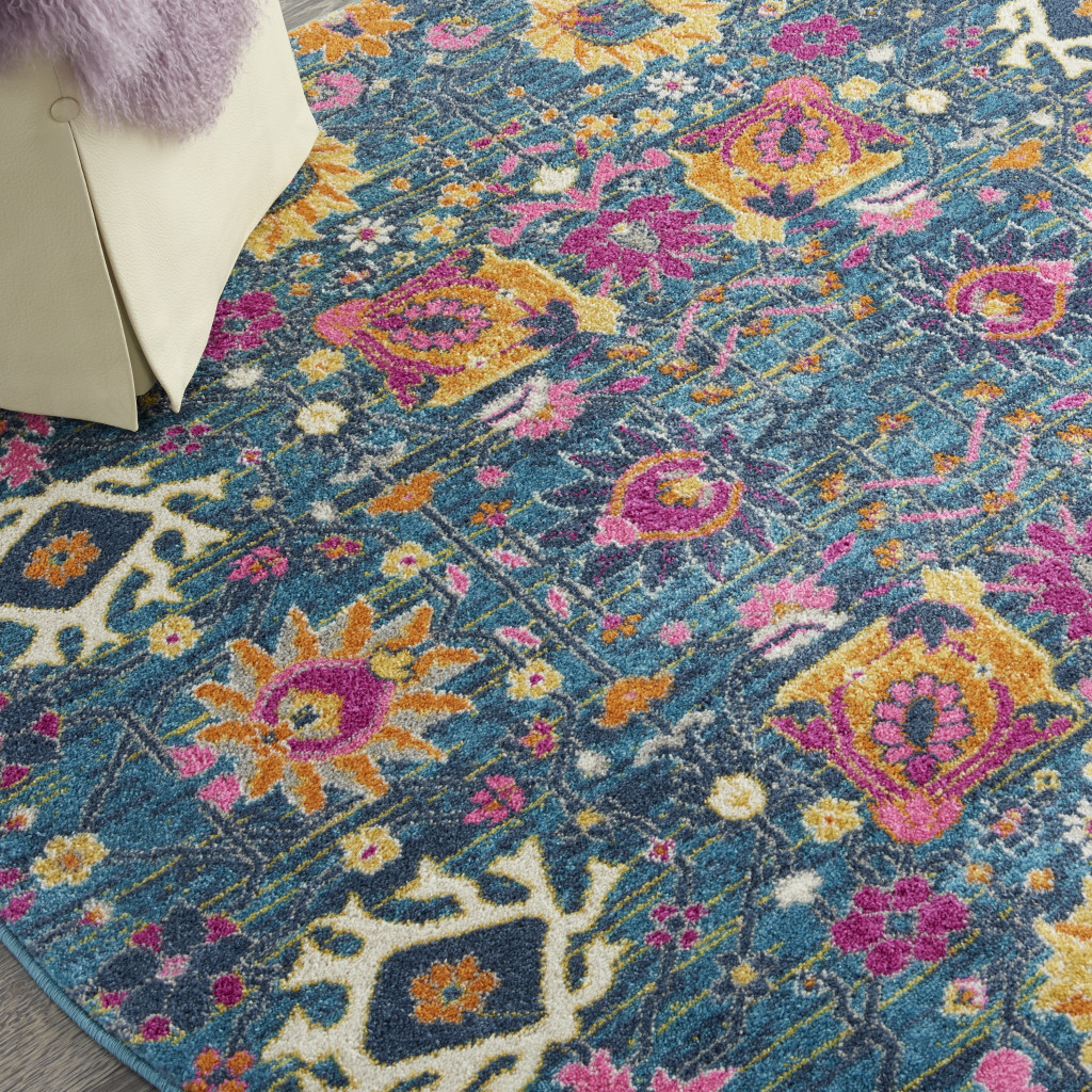 4" Blue And Orange Round Floral Power Loom Area Rug