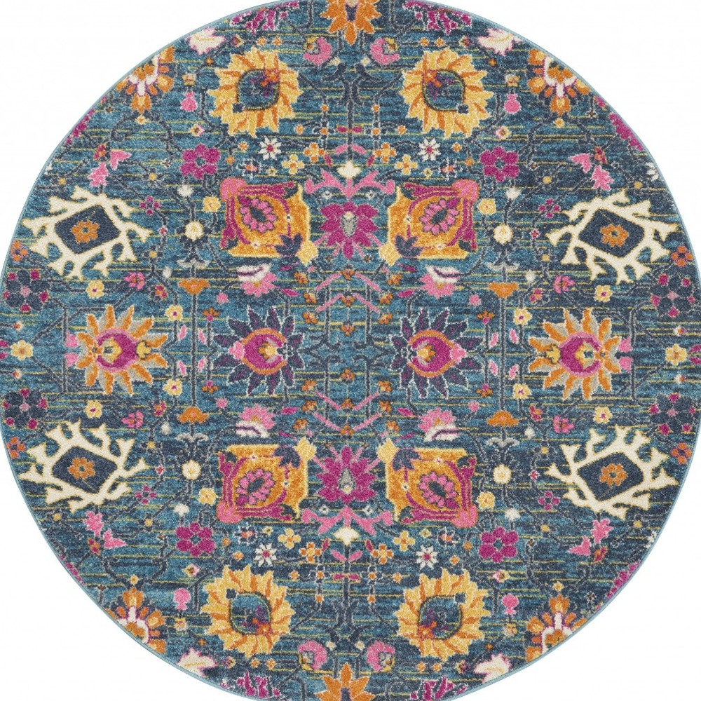 4' Blue And Orange Floral Distressed Round Rug-385173-1