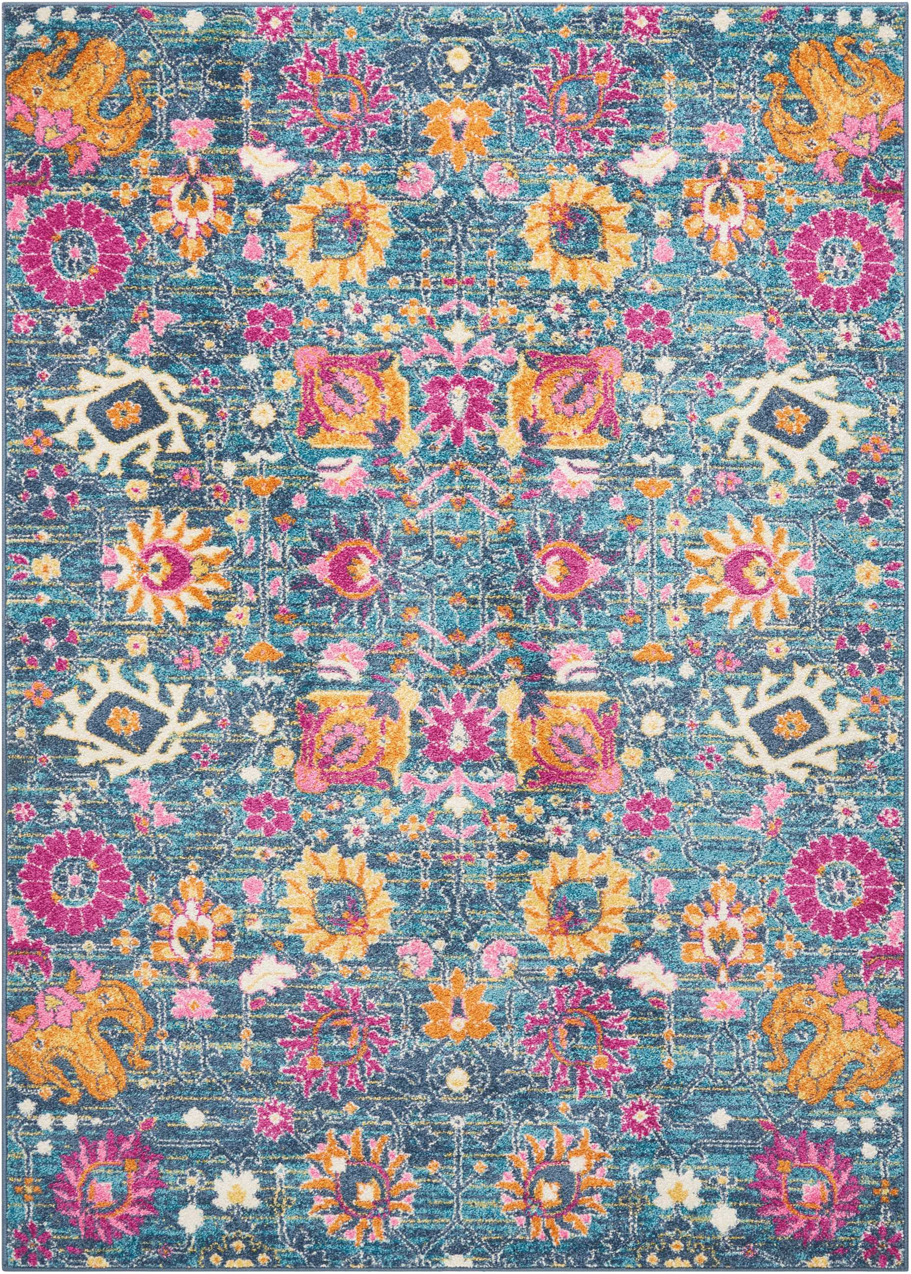 5' X 7' Blue And Orange Floral Distressed Area Rug-385176-1
