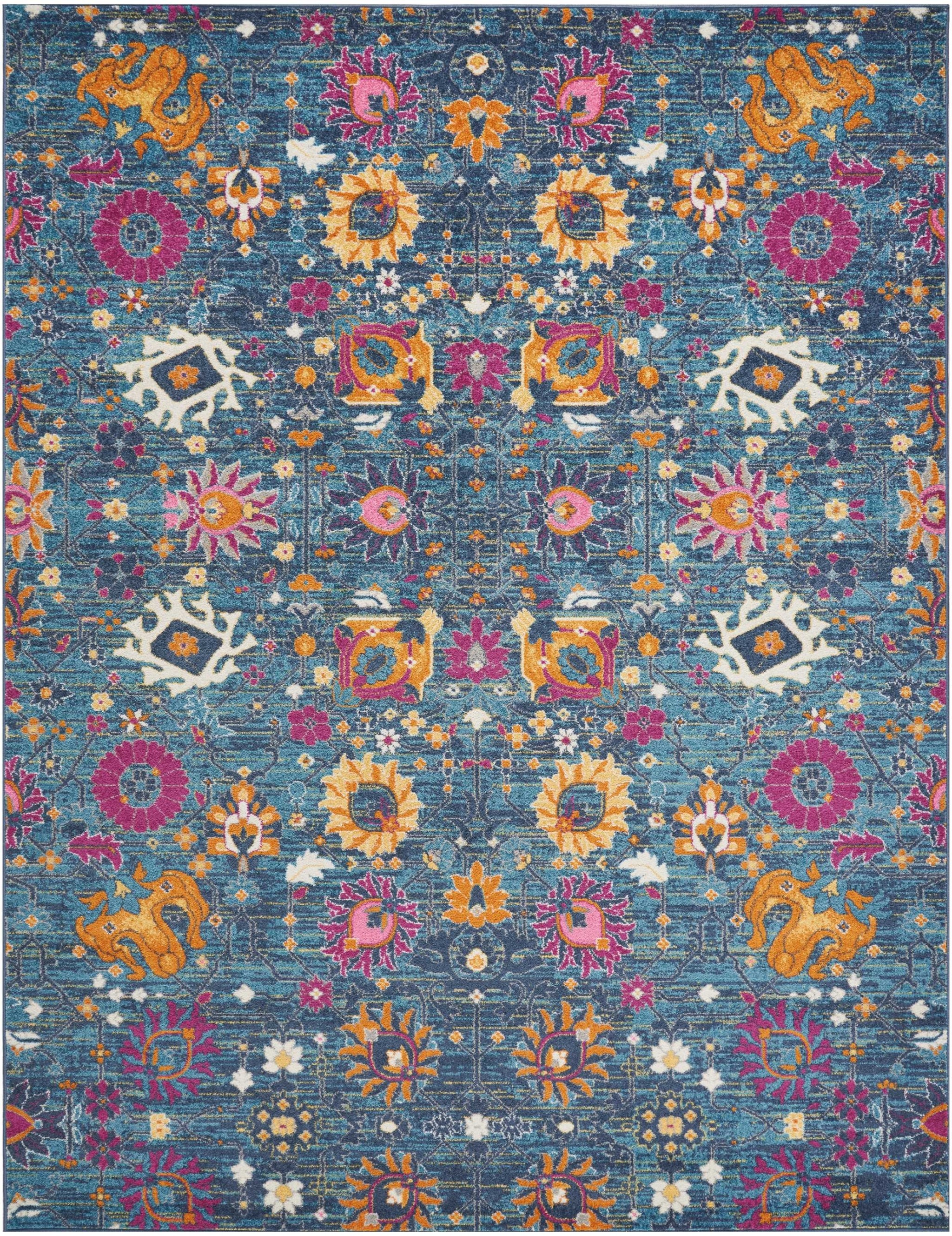 8' X 10' Blue And Orange Floral Power Loom Area Rug-385182-1