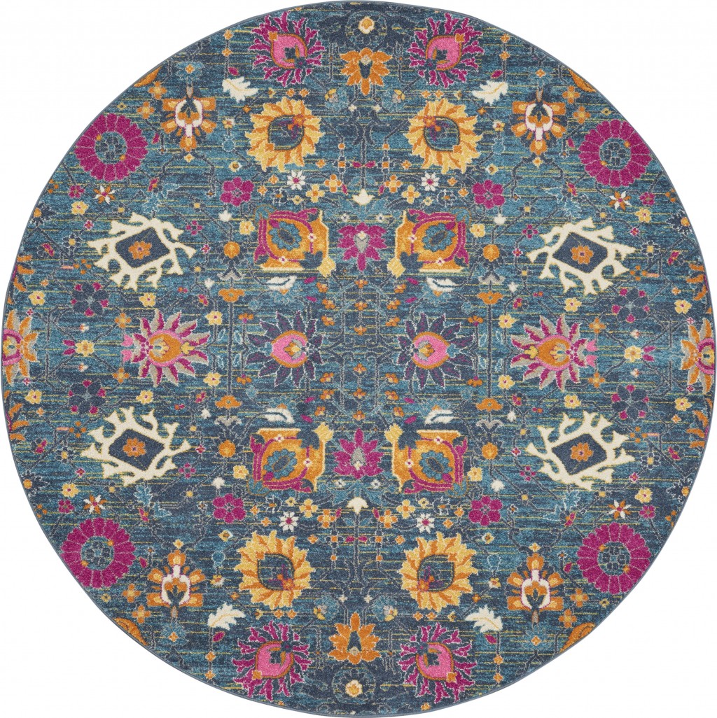 8' Blue And Orange Round Floral Power Loom Area Rug-385183-1