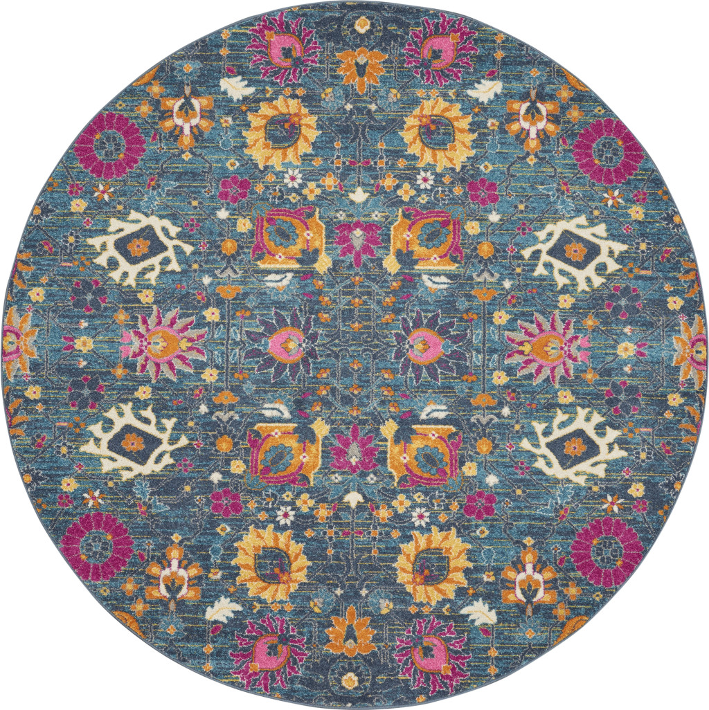 8' Blue And Orange Floral Distressed Round Rug-385183-1