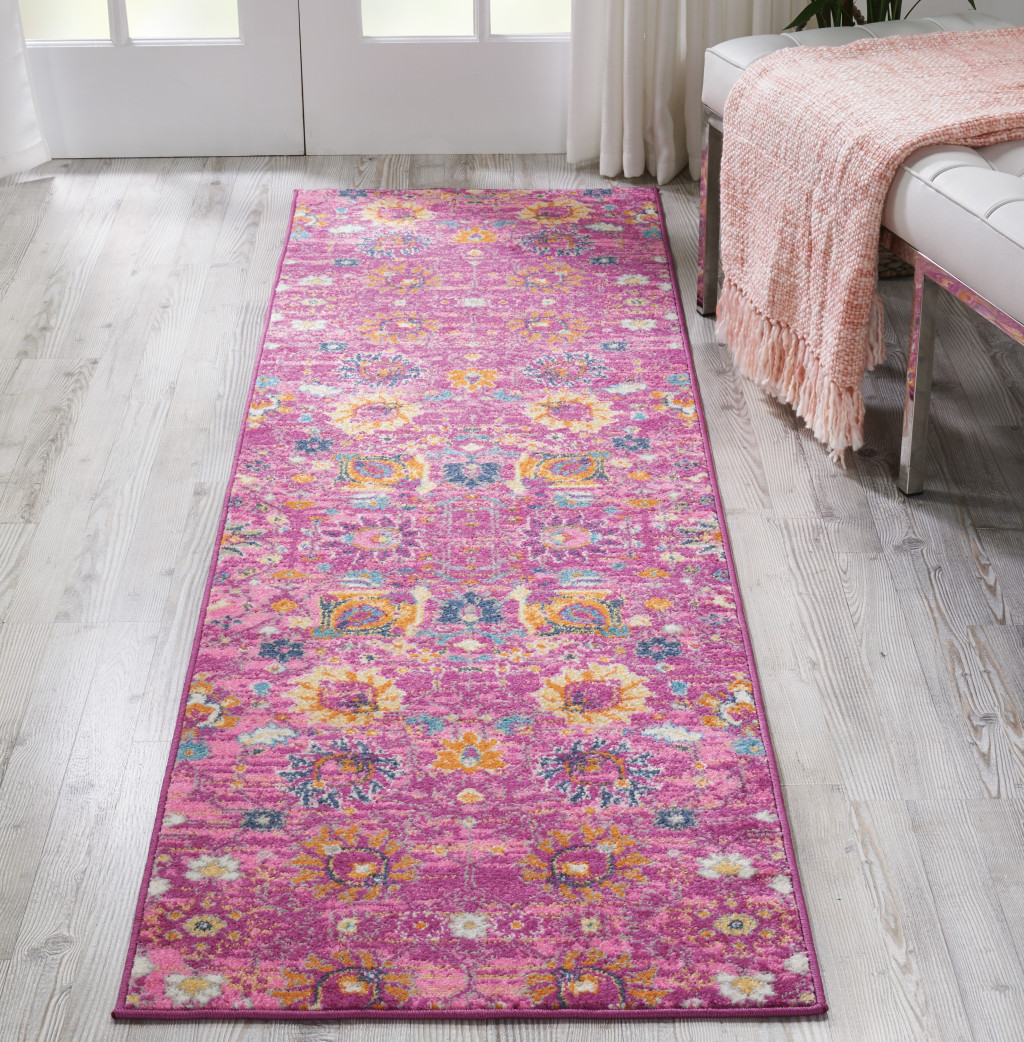 8" Fuchsia Floral Power Loom Runner Rug