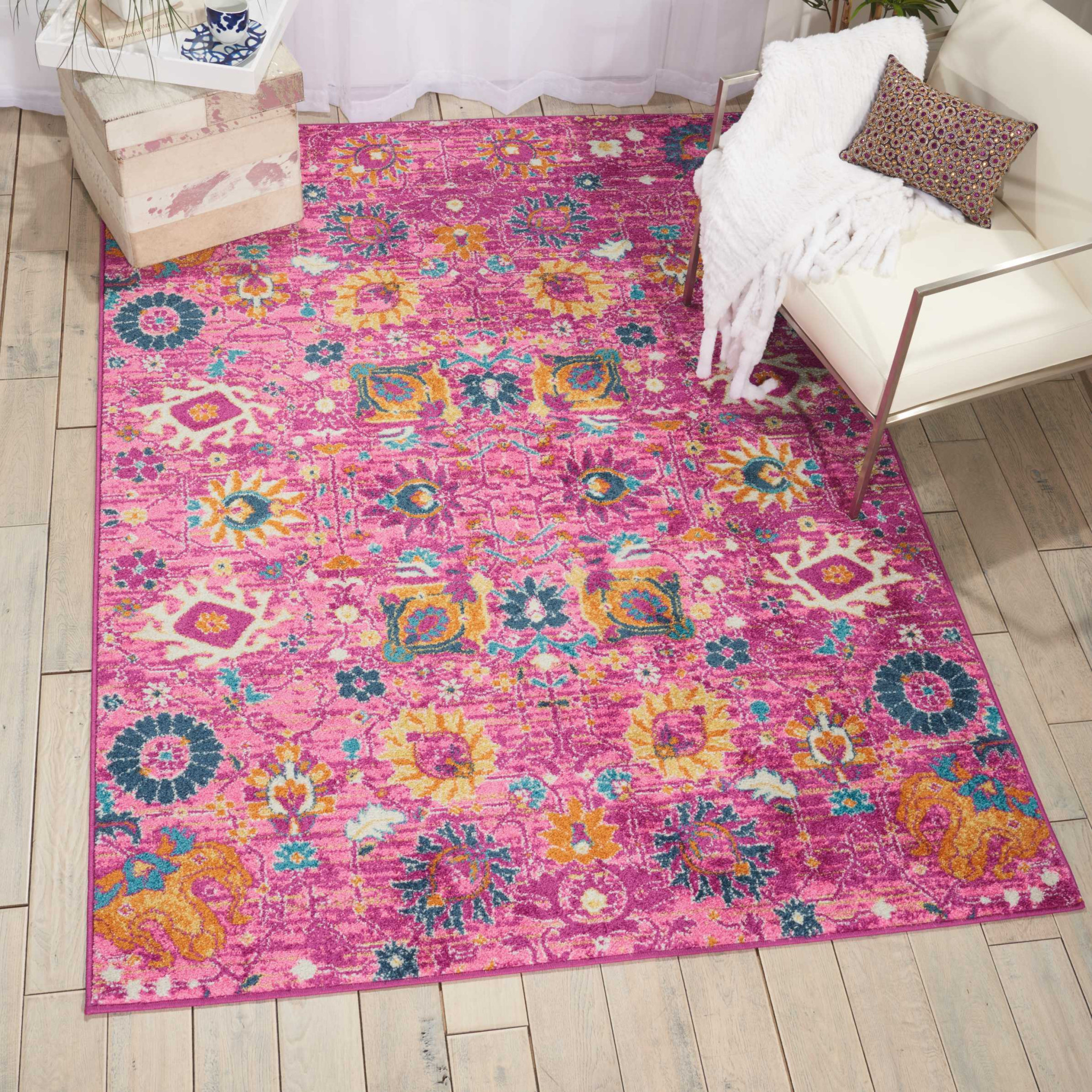 4" X 6" Fuchsia Floral Power Loom Area Rug
