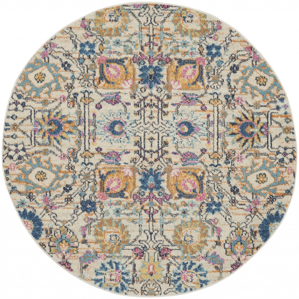4' Orange And Ivory Round Floral Power Loom Area Rug-385209-1