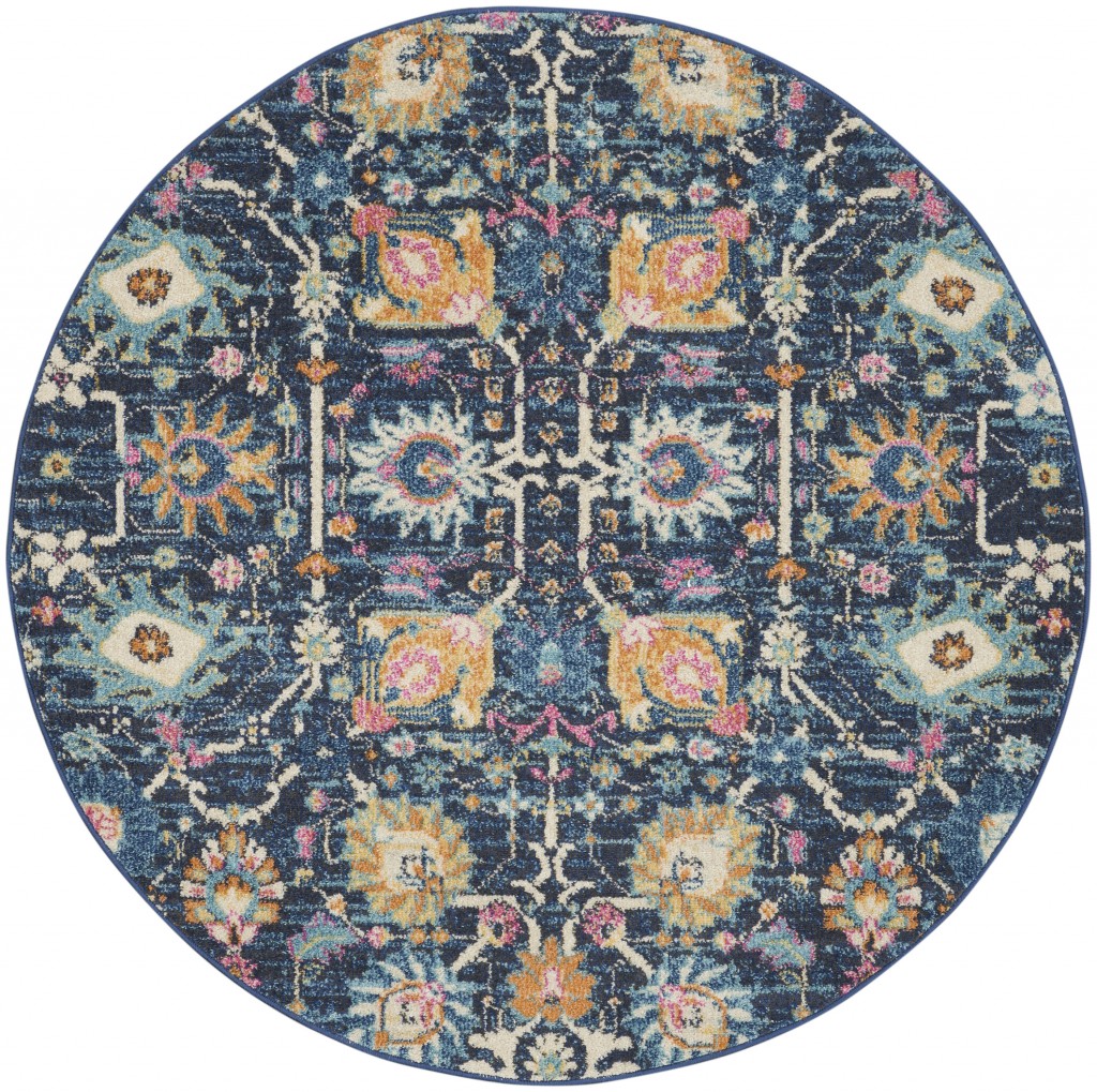 4' Navy Blue Round Floral Power Loom Area Rug-385228-1