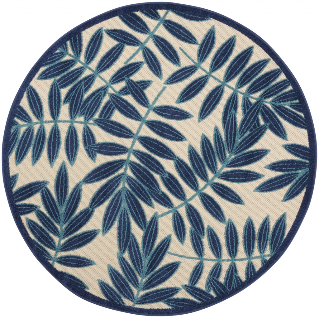 4' Round Blue And Ivory Round Floral Indoor Outdoor Area Rug-385231-1