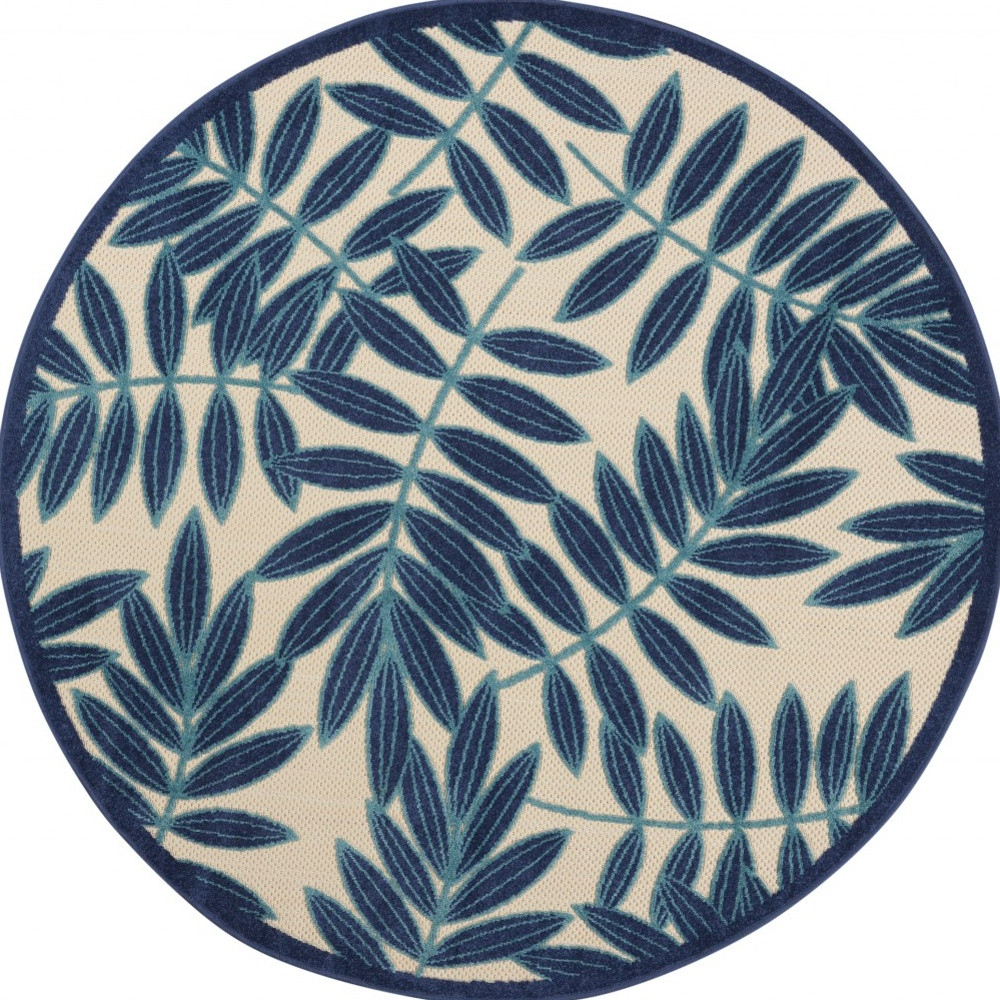 5' X 5' Blue And Ivory Round Floral Indoor Outdoor Area Rug-385232-1