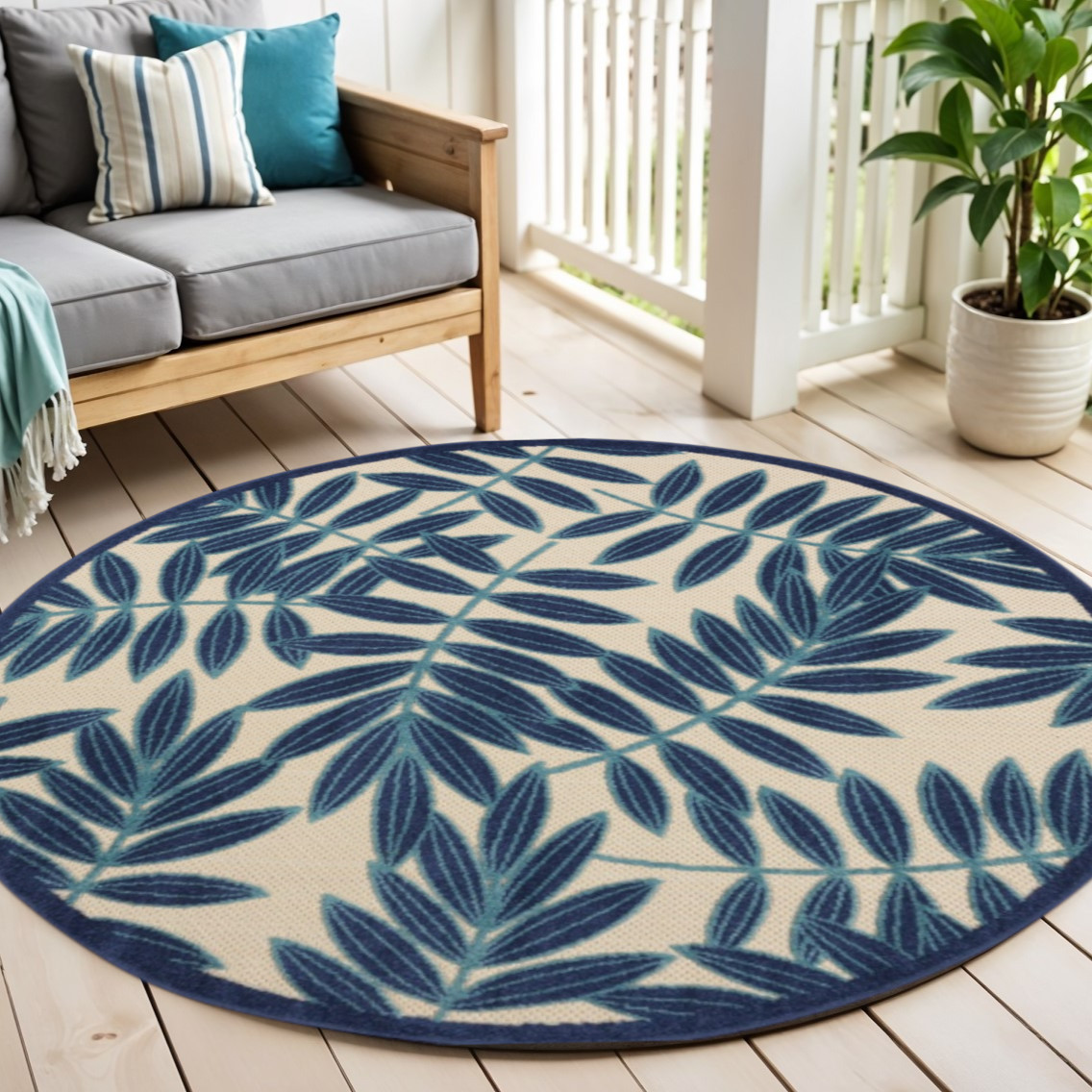5' X 5' Blue And Ivory Round Floral Indoor Outdoor Area Rug-385232-1