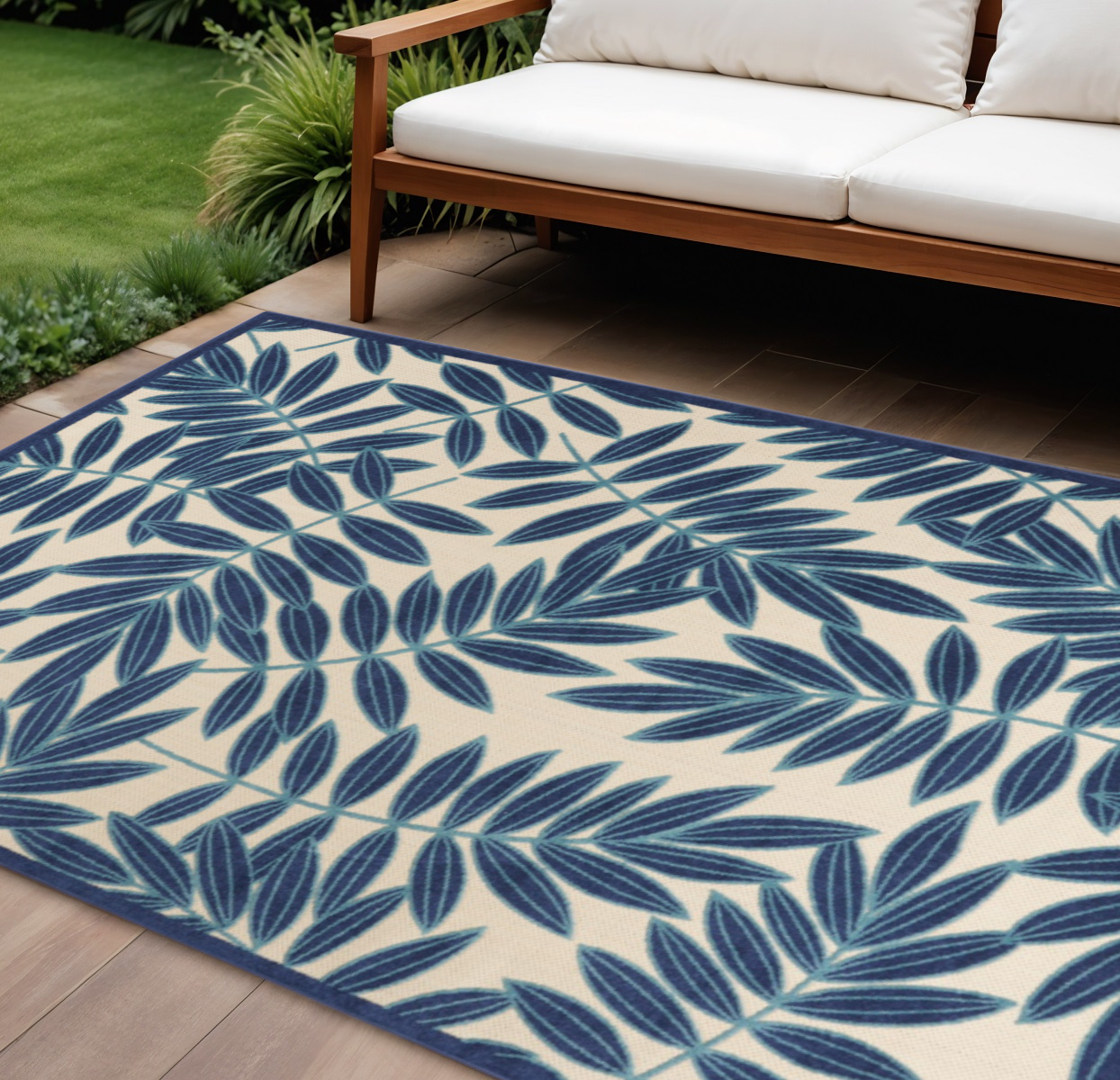 6' X 9' Blue And Ivory Floral Indoor Outdoor Area Rug-385233-1