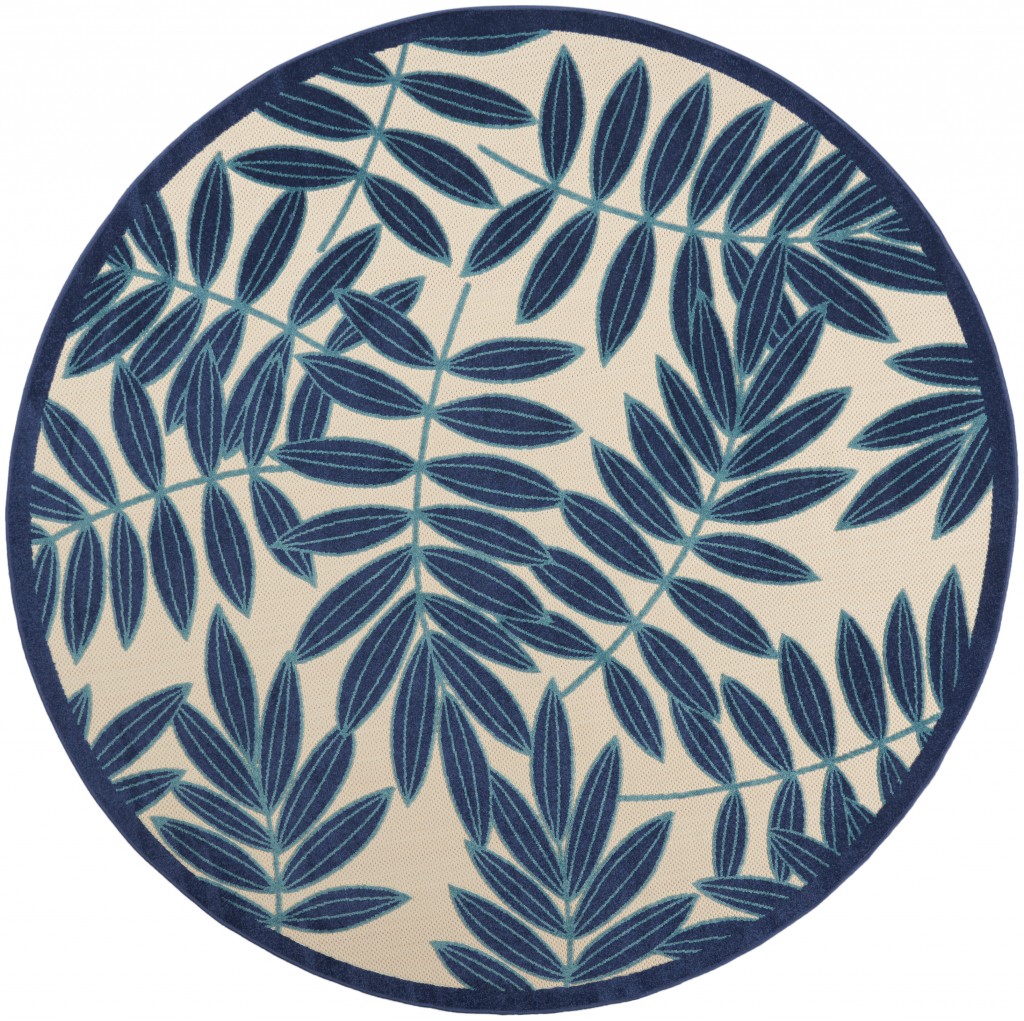 8' Blue And Ivory Round Floral Indoor Outdoor Area Rug-385235-1
